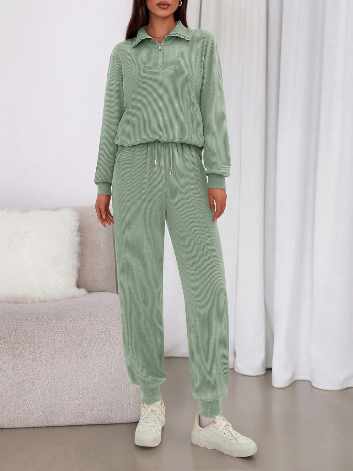imageBTFBM Womens 2 Piece Tracksuit Spring Outfits 2026 Long Sleeve Half Zip Sweatshirt Sweatpants Lounge Set SweatsuitsSolid Fruit Green