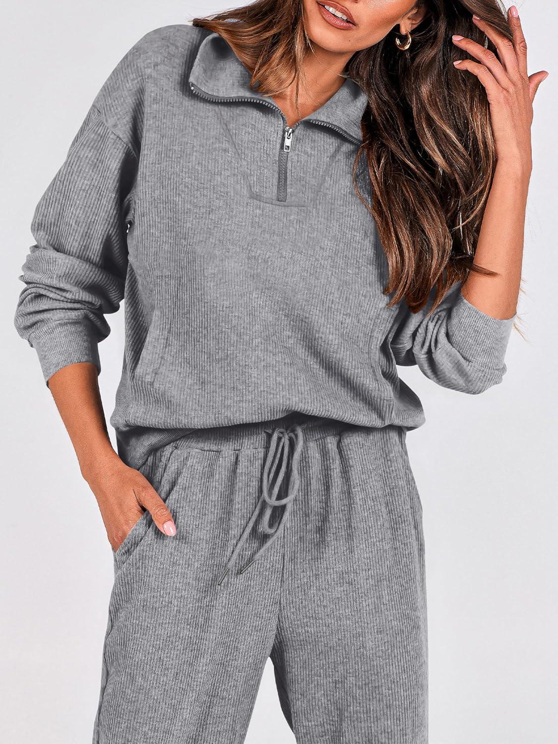 imageBTFBM Womens 2 Piece Tracksuit Spring Outfits 2026 Long Sleeve Half Zip Sweatshirt Sweatpants Lounge Set SweatsuitsSolid Grey