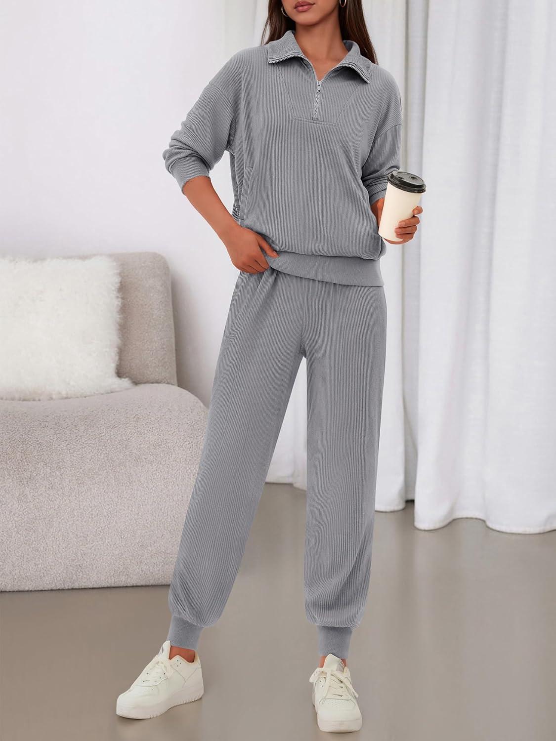 imageBTFBM Womens 2 Piece Tracksuit Spring Outfits 2026 Long Sleeve Half Zip Sweatshirt Sweatpants Lounge Set SweatsuitsSolid Grey