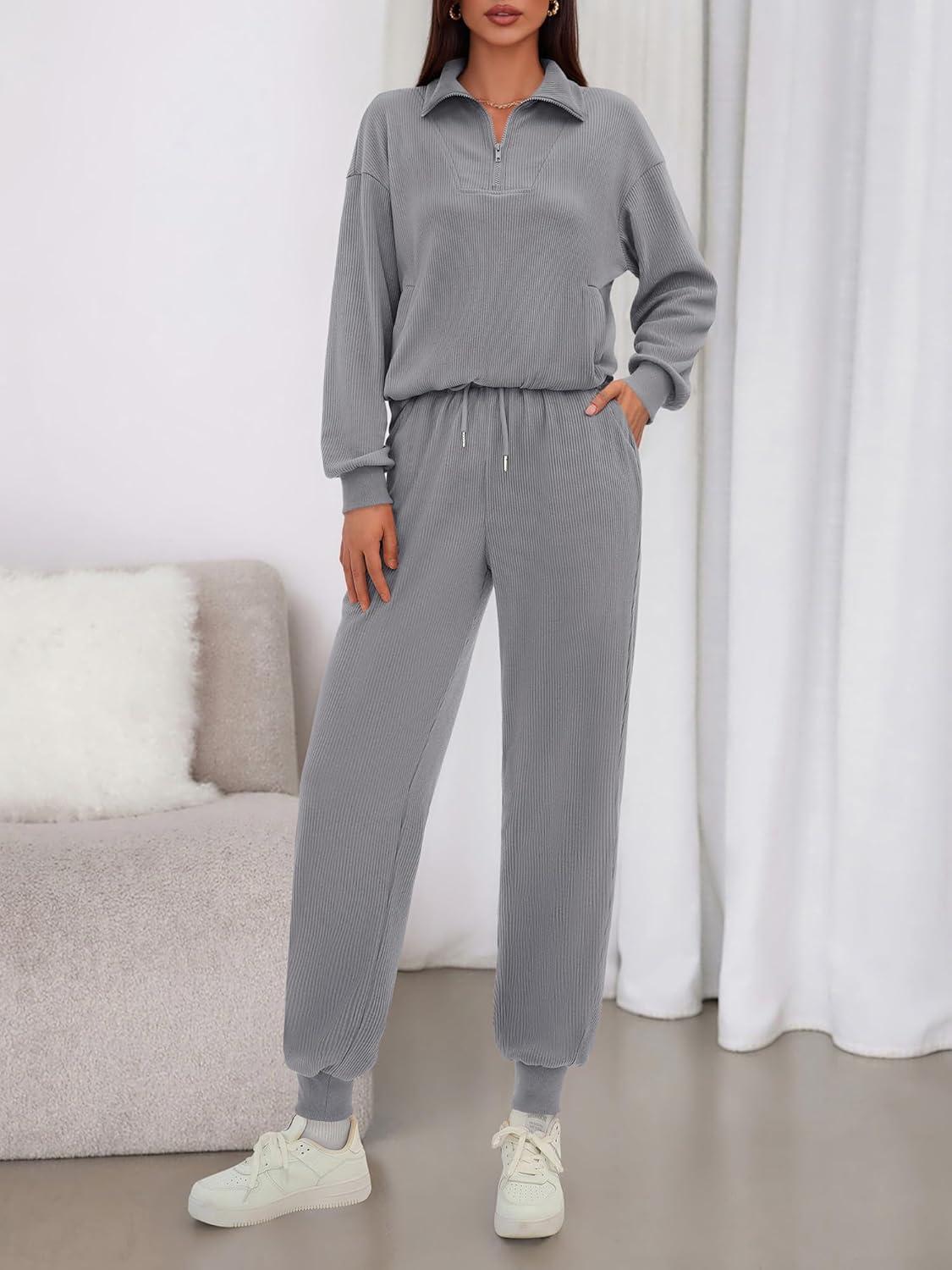 imageBTFBM Womens 2 Piece Tracksuit Spring Outfits 2026 Long Sleeve Half Zip Sweatshirt Sweatpants Lounge Set SweatsuitsSolid Grey
