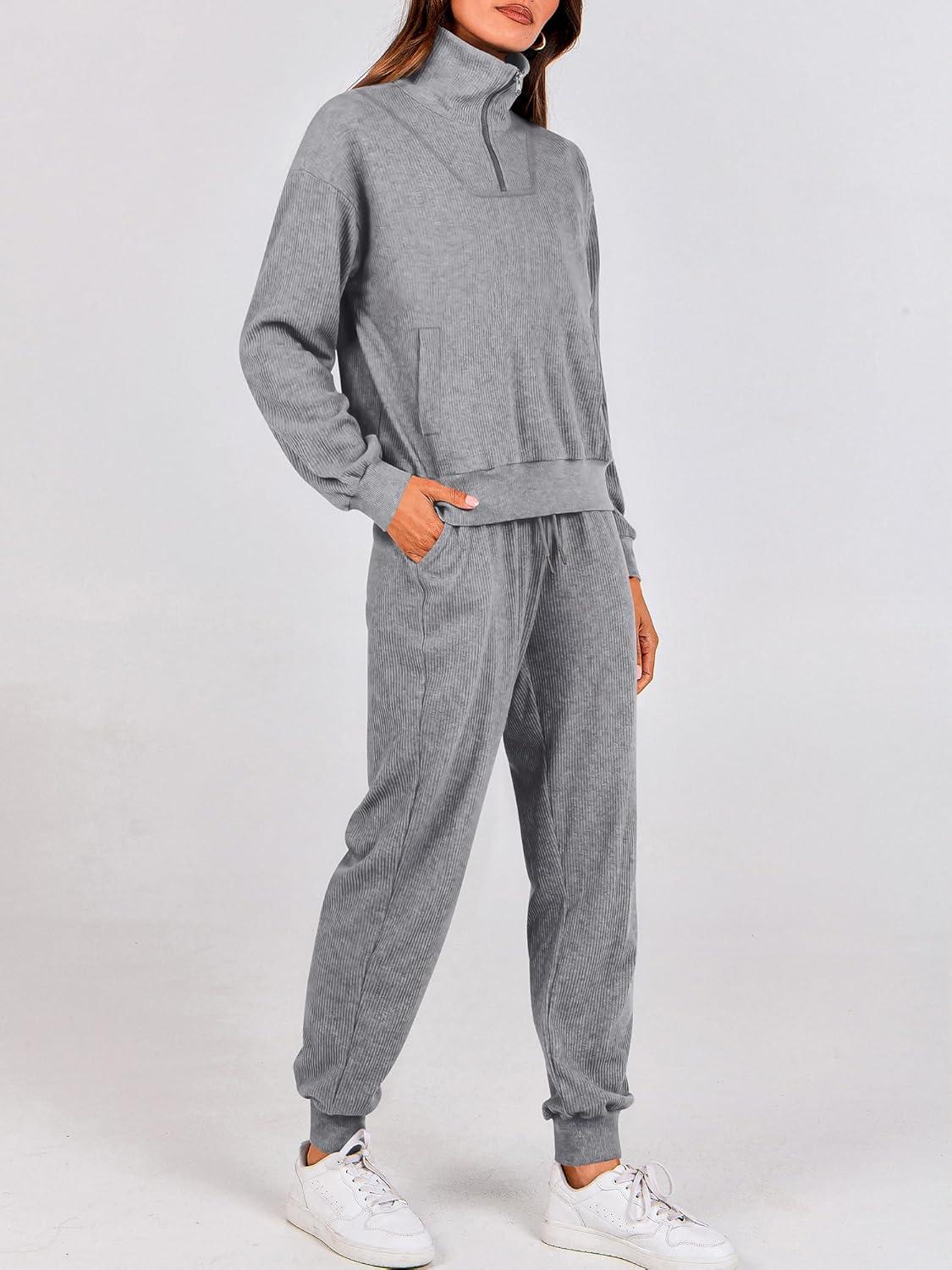 imageBTFBM Womens 2 Piece Tracksuit Spring Outfits 2026 Long Sleeve Half Zip Sweatshirt Sweatpants Lounge Set SweatsuitsSolid Grey