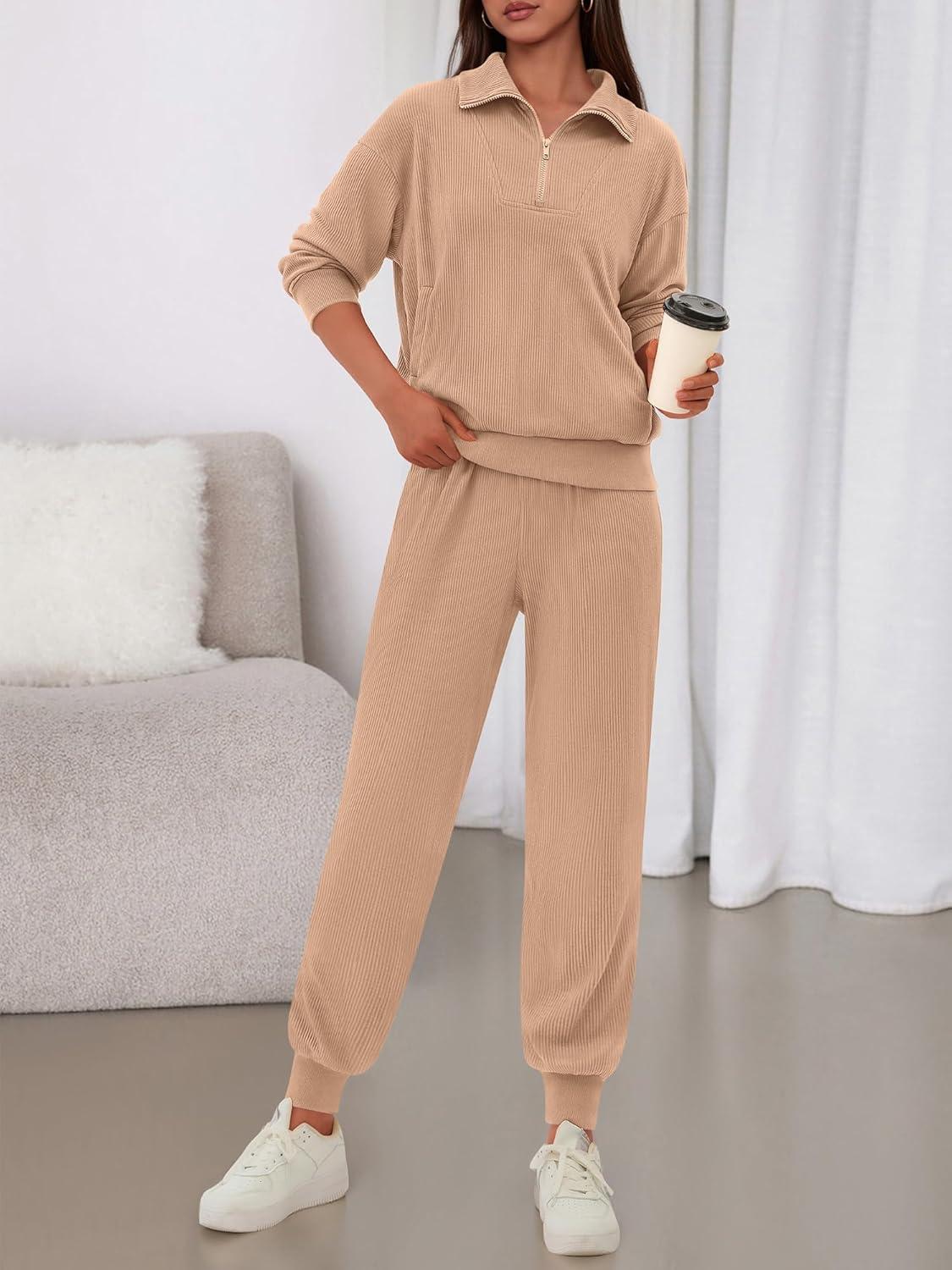 imageBTFBM Womens 2 Piece Tracksuit Spring Outfits 2026 Long Sleeve Half Zip Sweatshirt Sweatpants Lounge Set SweatsuitsSolid Khaki