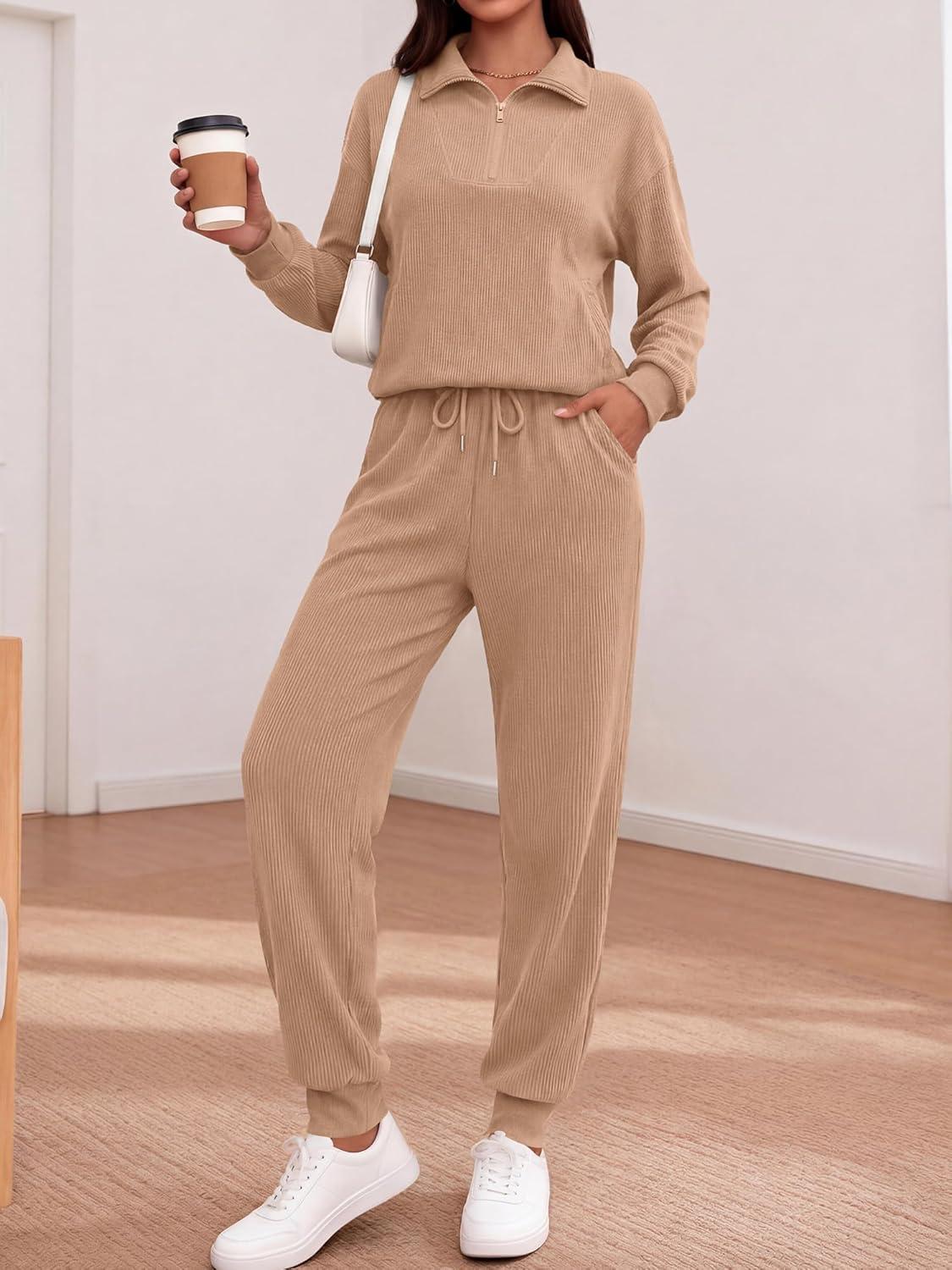 imageBTFBM Womens 2 Piece Tracksuit Spring Outfits 2026 Long Sleeve Half Zip Sweatshirt Sweatpants Lounge Set SweatsuitsSolid Khaki