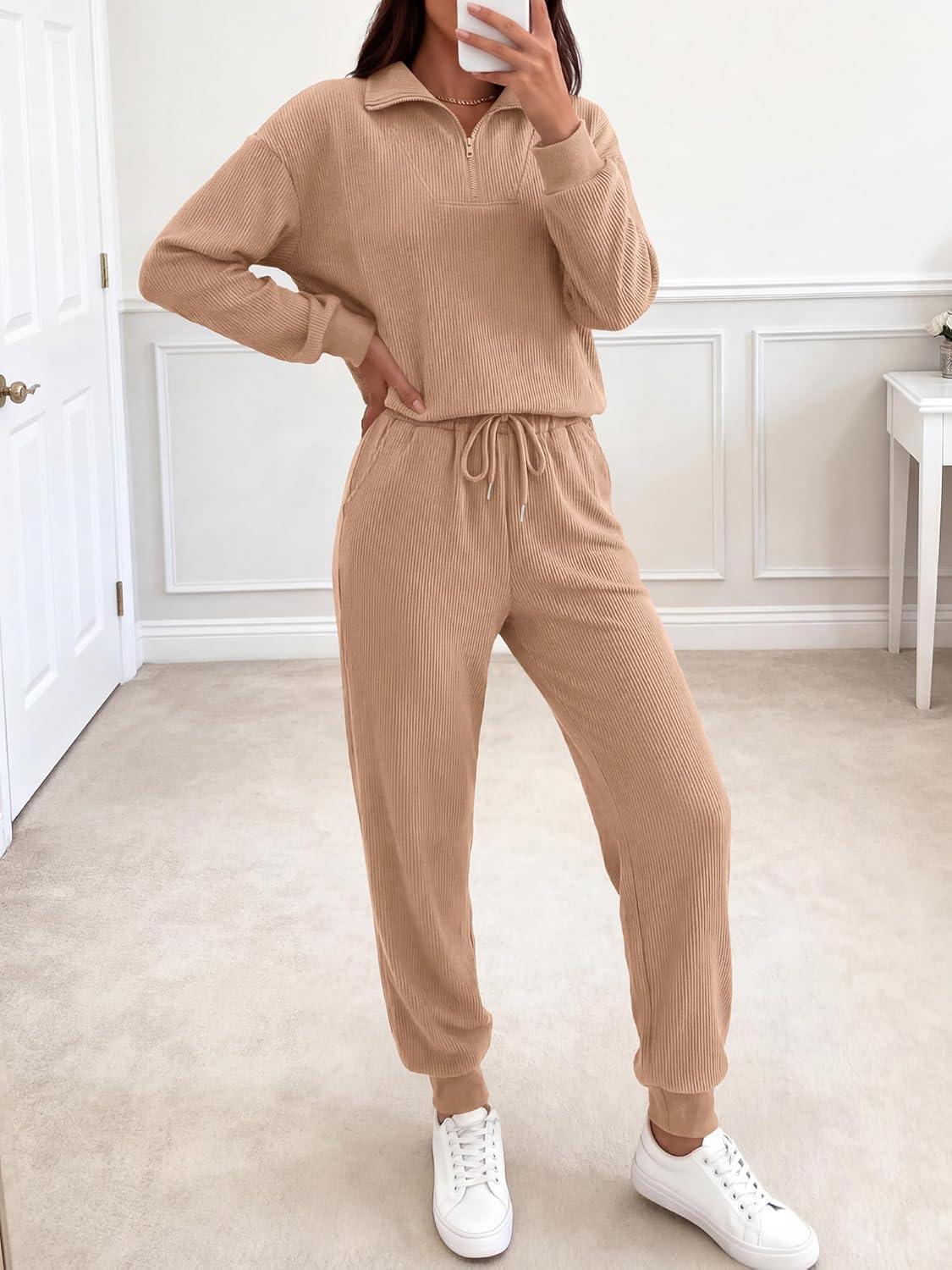 imageBTFBM Womens 2 Piece Tracksuit Spring Outfits 2026 Long Sleeve Half Zip Sweatshirt Sweatpants Lounge Set SweatsuitsSolid Khaki