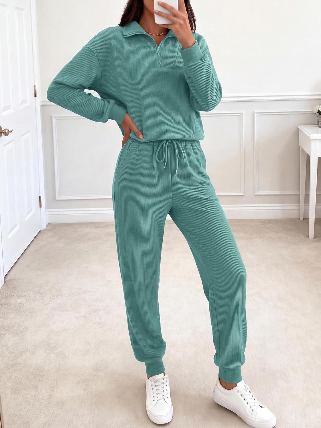 imageBTFBM Womens 2 Piece Tracksuit Spring Outfits 2026 Long Sleeve Half Zip Sweatshirt Sweatpants Lounge Set SweatsuitsSolid Light Green
