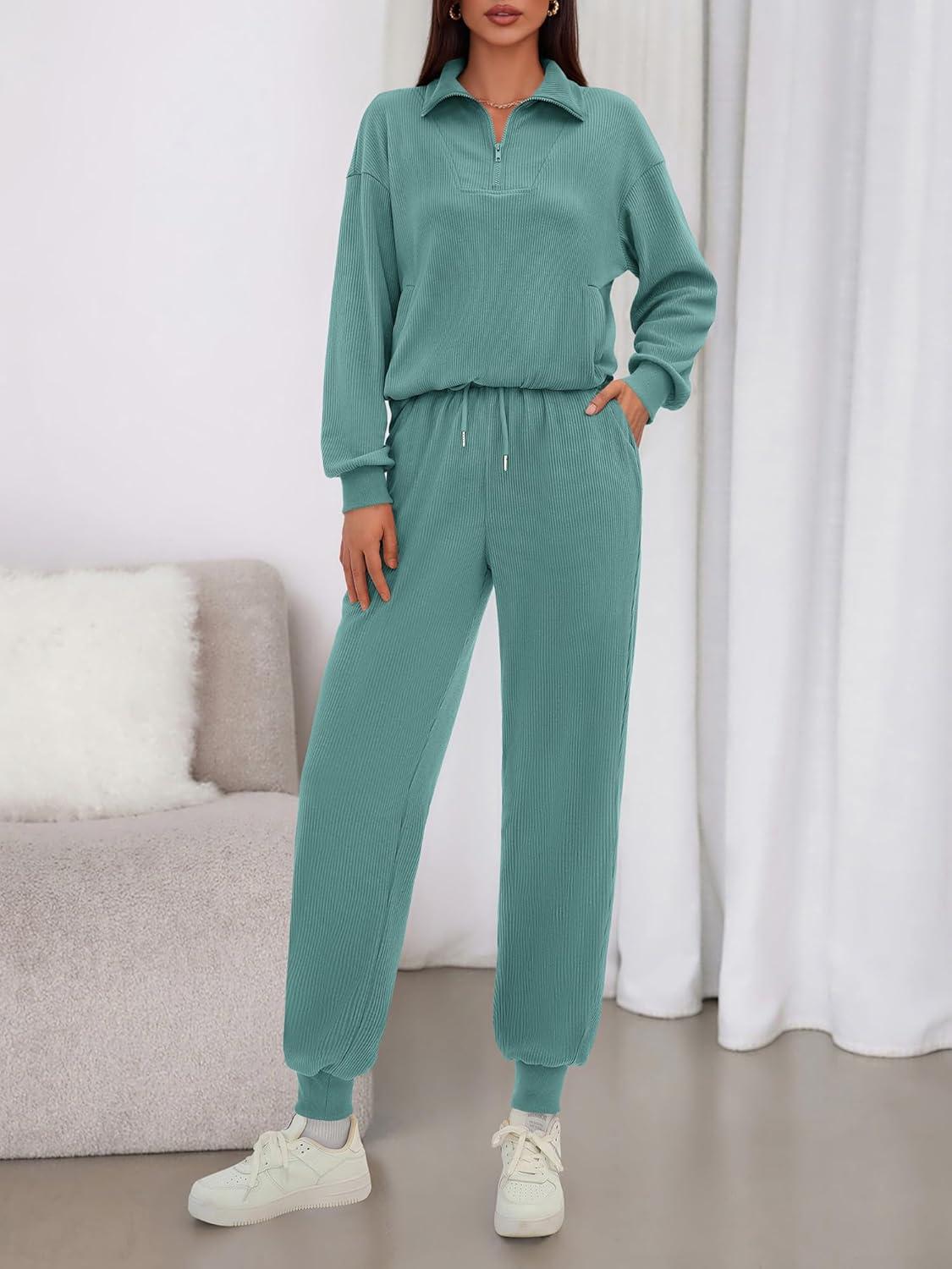 imageBTFBM Womens 2 Piece Tracksuit Spring Outfits 2026 Long Sleeve Half Zip Sweatshirt Sweatpants Lounge Set SweatsuitsSolid Light Green