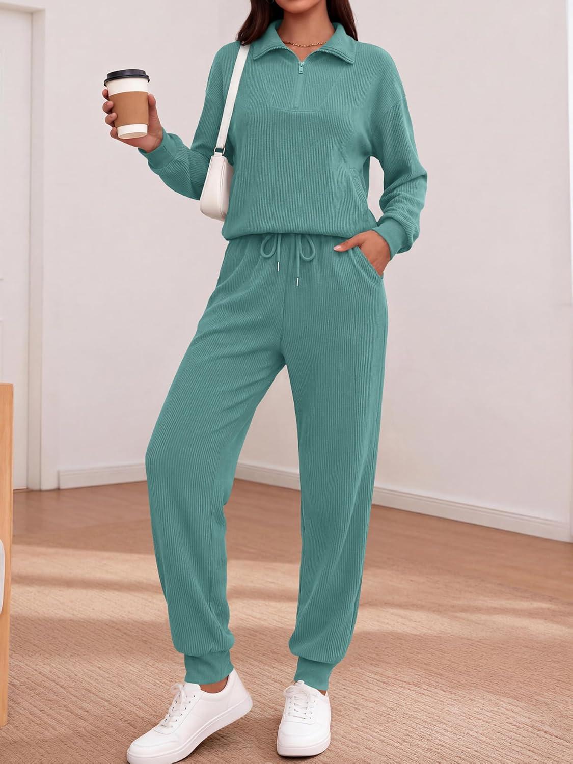 imageBTFBM Womens 2 Piece Tracksuit Spring Outfits 2026 Long Sleeve Half Zip Sweatshirt Sweatpants Lounge Set SweatsuitsSolid Light Green