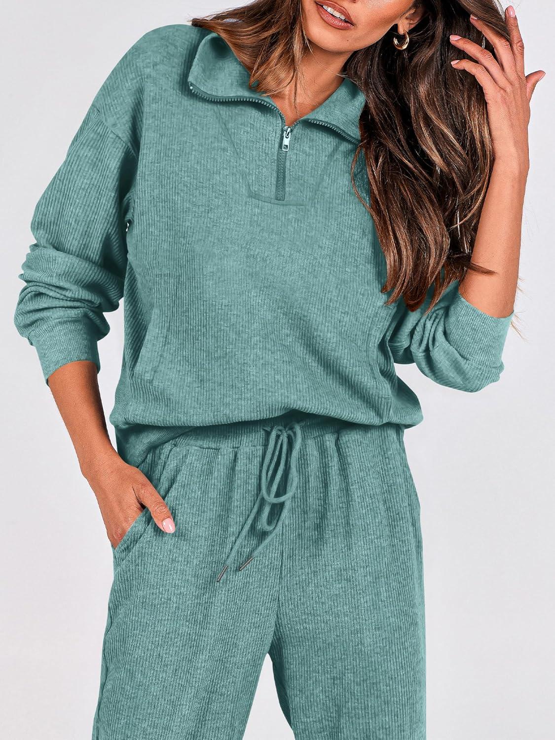 imageBTFBM Womens 2 Piece Tracksuit Spring Outfits 2026 Long Sleeve Half Zip Sweatshirt Sweatpants Lounge Set SweatsuitsSolid Light Green