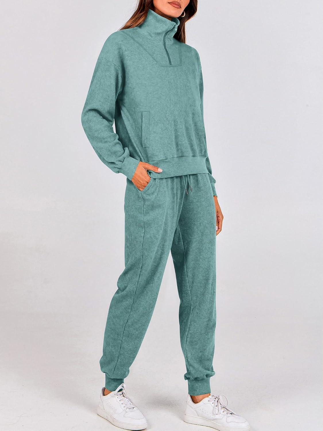 imageBTFBM Womens 2 Piece Tracksuit Spring Outfits 2026 Long Sleeve Half Zip Sweatshirt Sweatpants Lounge Set SweatsuitsSolid Light Green