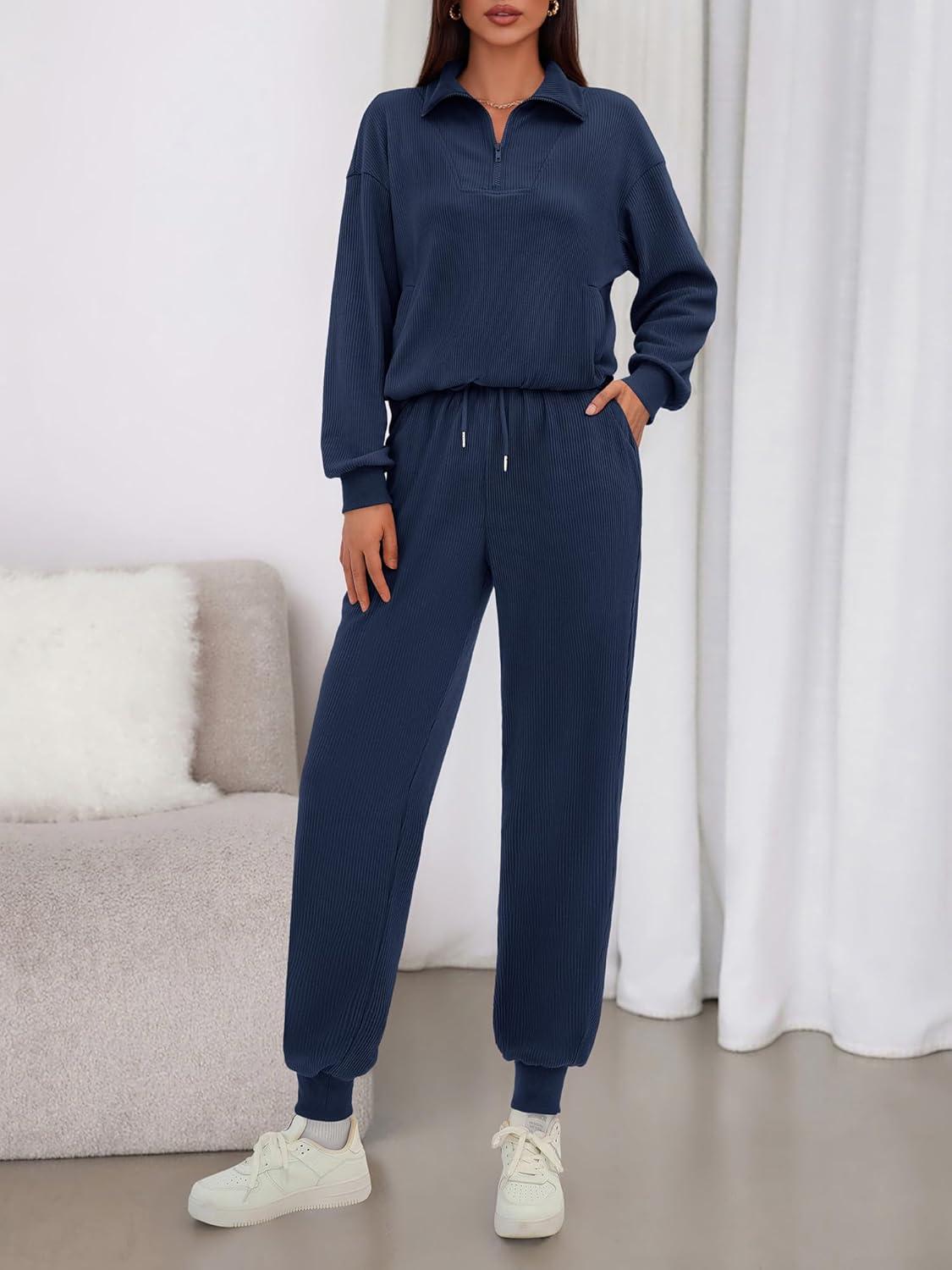 imageBTFBM Womens 2 Piece Tracksuit Spring Outfits 2026 Long Sleeve Half Zip Sweatshirt Sweatpants Lounge Set SweatsuitsSolid Navy