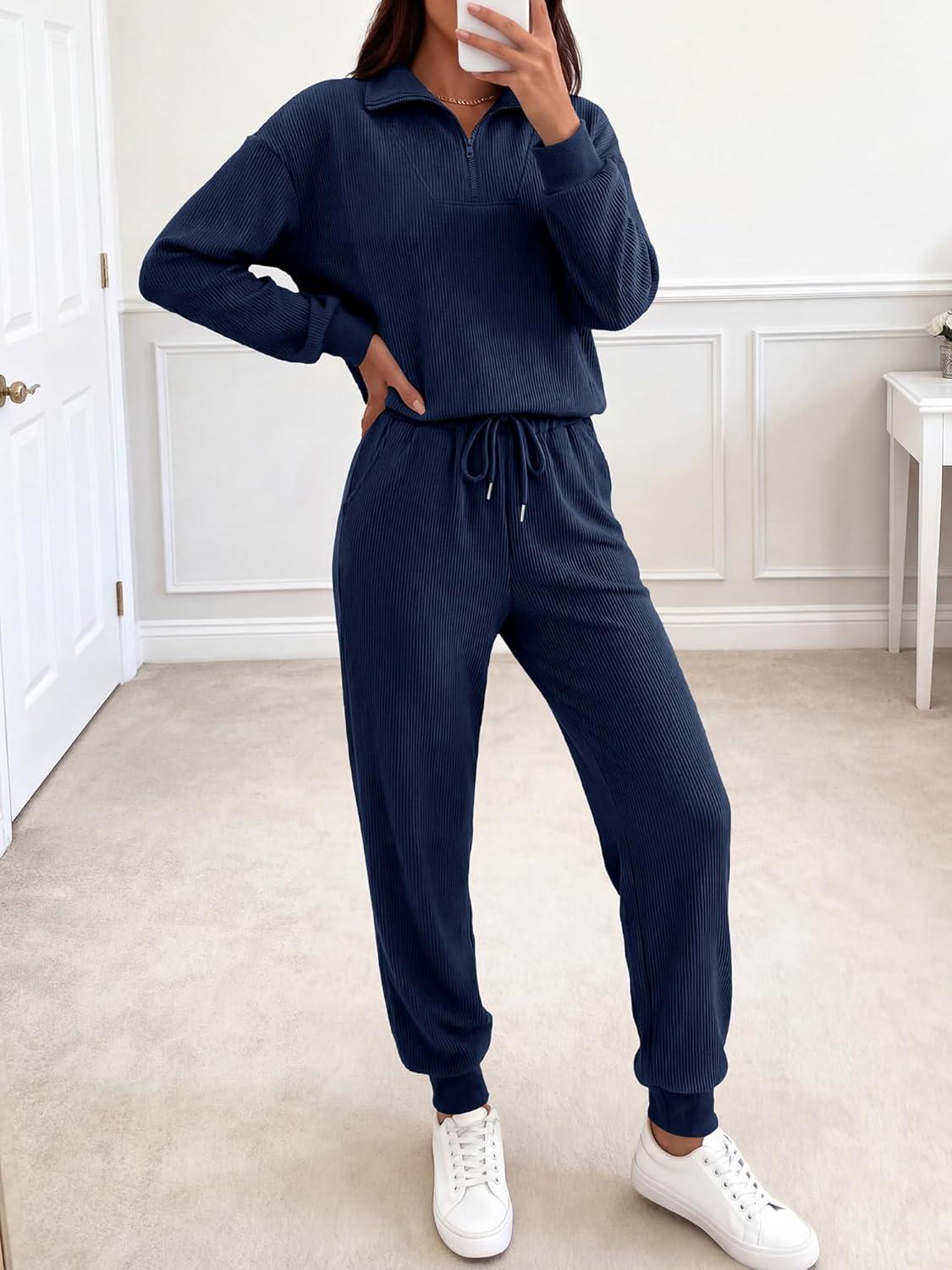 imageBTFBM Womens 2 Piece Tracksuit Spring Outfits 2026 Long Sleeve Half Zip Sweatshirt Sweatpants Lounge Set SweatsuitsSolid Navy