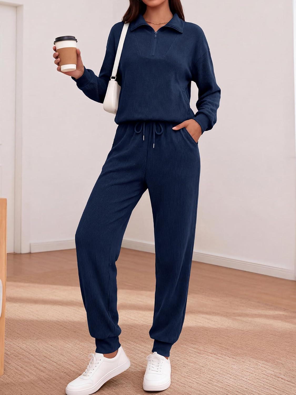 imageBTFBM Womens 2 Piece Tracksuit Spring Outfits 2026 Long Sleeve Half Zip Sweatshirt Sweatpants Lounge Set SweatsuitsSolid Navy
