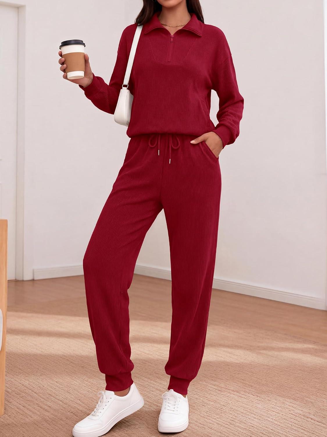 imageBTFBM Womens 2 Piece Tracksuit Spring Outfits 2026 Long Sleeve Half Zip Sweatshirt Sweatpants Lounge Set SweatsuitsSolid Wine Red