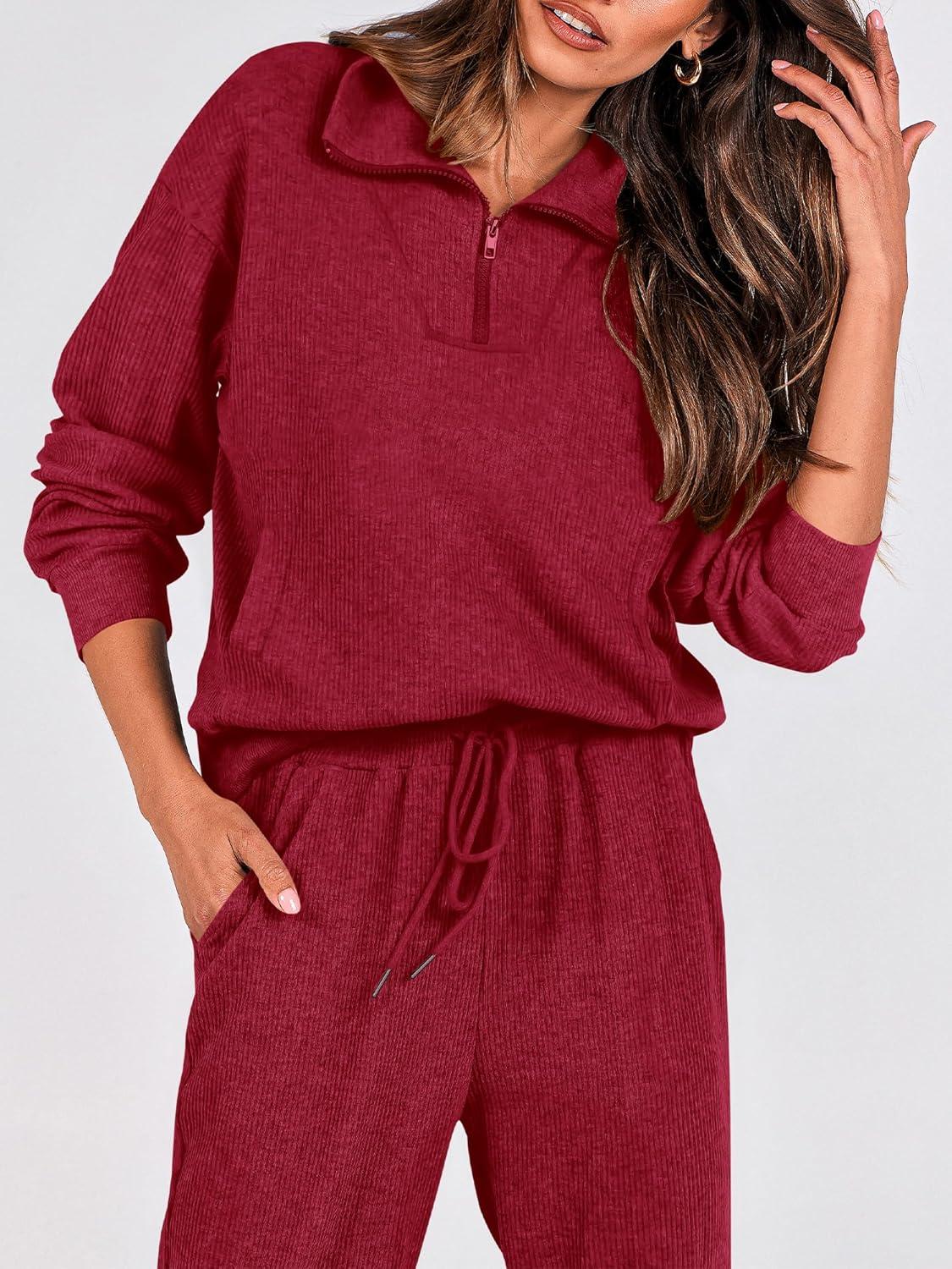 imageBTFBM Womens 2 Piece Tracksuit Spring Outfits 2026 Long Sleeve Half Zip Sweatshirt Sweatpants Lounge Set SweatsuitsSolid Wine Red