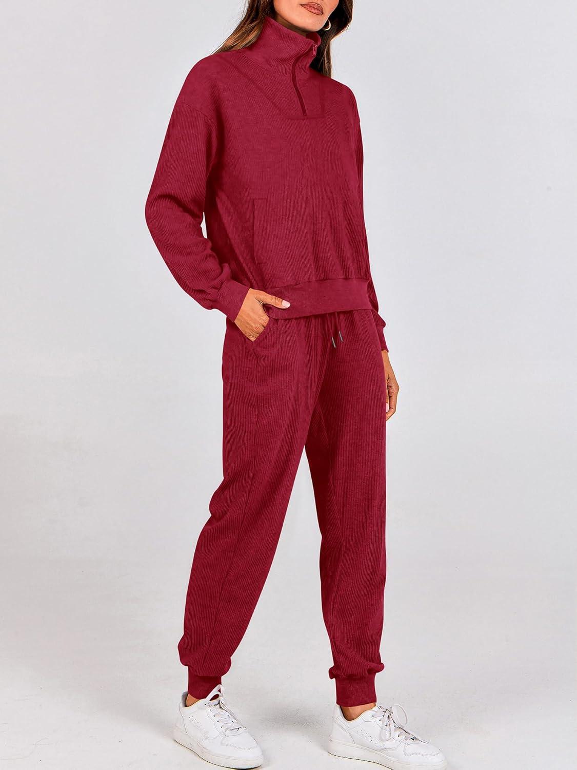 imageBTFBM Womens 2 Piece Tracksuit Spring Outfits 2026 Long Sleeve Half Zip Sweatshirt Sweatpants Lounge Set SweatsuitsSolid Wine Red