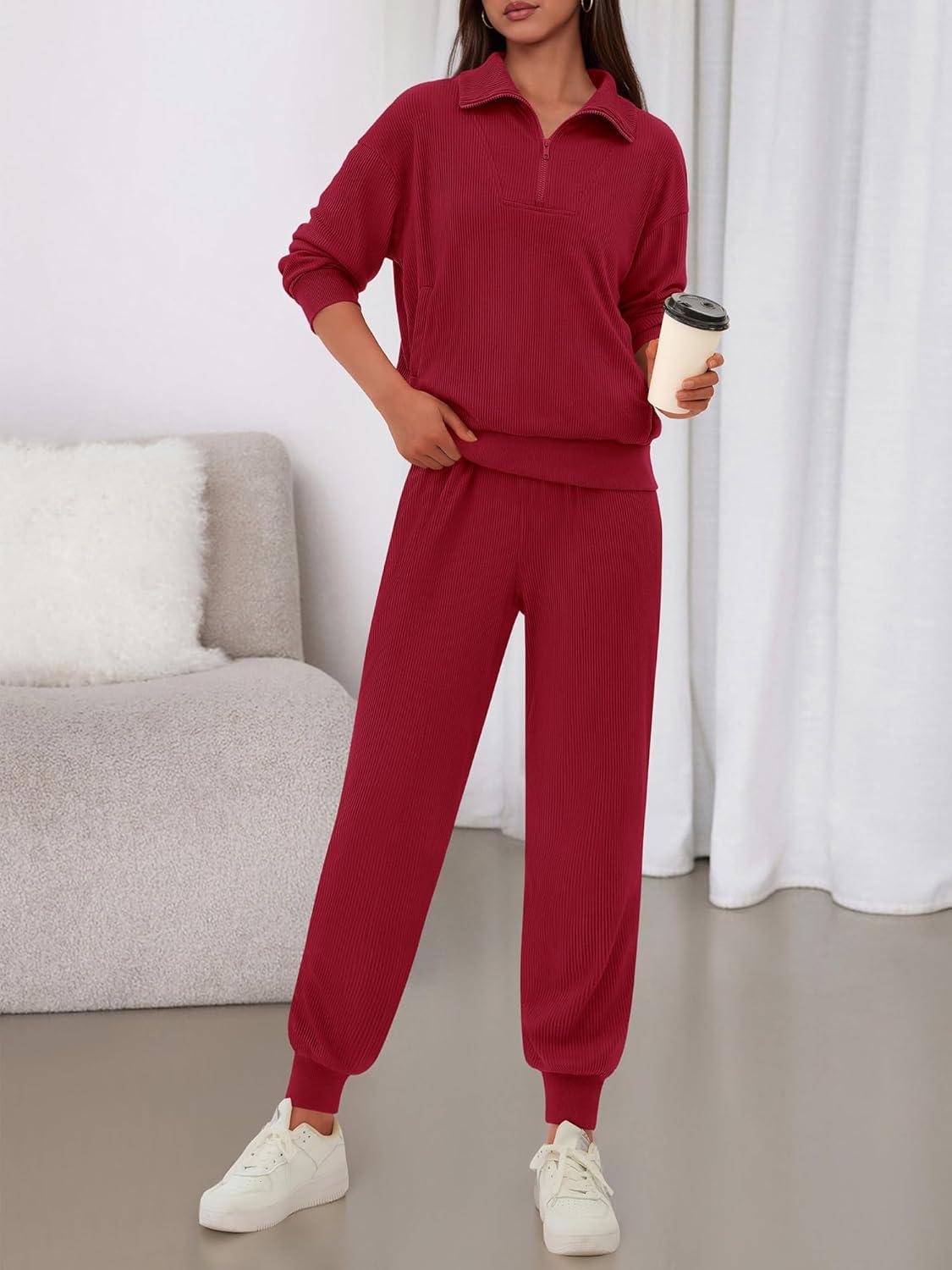 imageBTFBM Womens 2 Piece Tracksuit Spring Outfits 2026 Long Sleeve Half Zip Sweatshirt Sweatpants Lounge Set SweatsuitsSolid Wine Red