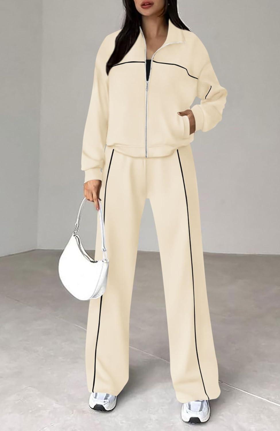 imageBTFBM Womens Two Piece Tracksuit Spring 2026 Long Sleeve Zip Up Sweatshirt Long Pants Outfits Jogger Sweatsuit SetsApricot