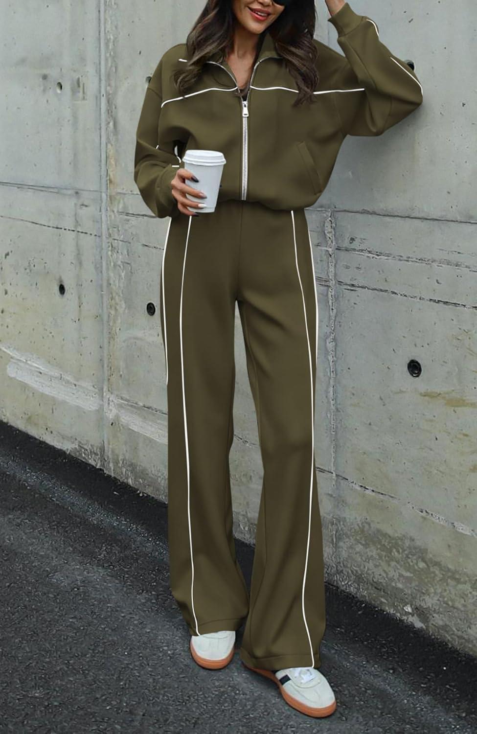 imageBTFBM Womens Two Piece Tracksuit Spring 2026 Long Sleeve Zip Up Sweatshirt Long Pants Outfits Jogger Sweatsuit SetsArmy Green