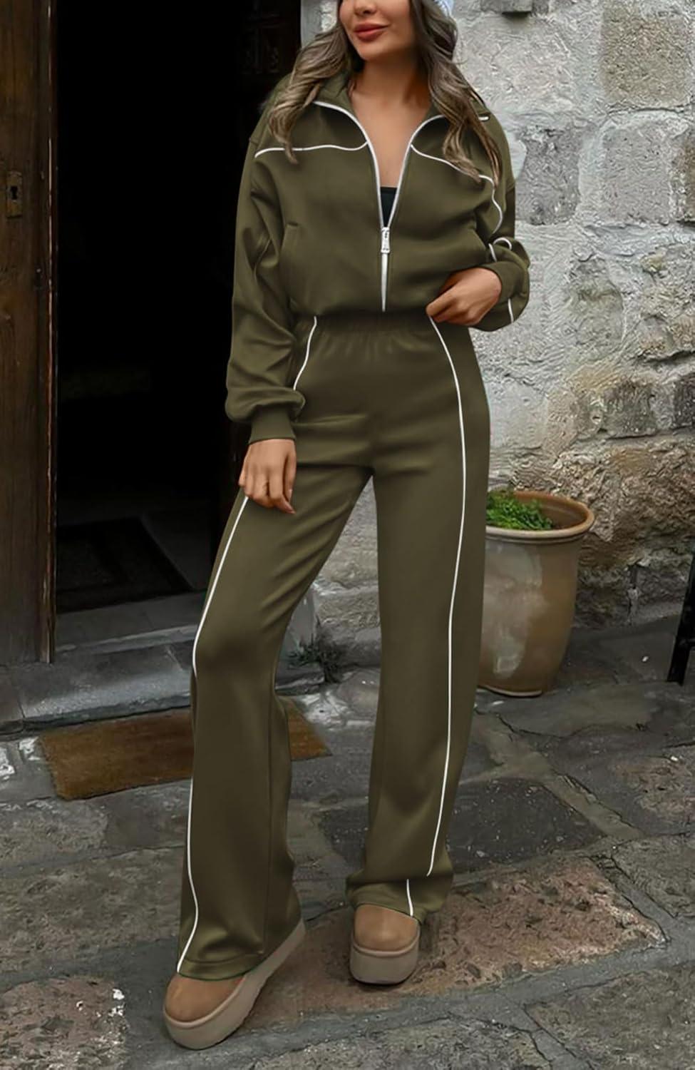 imageBTFBM Womens Two Piece Tracksuit Spring 2026 Long Sleeve Zip Up Sweatshirt Long Pants Outfits Jogger Sweatsuit SetsArmy Green