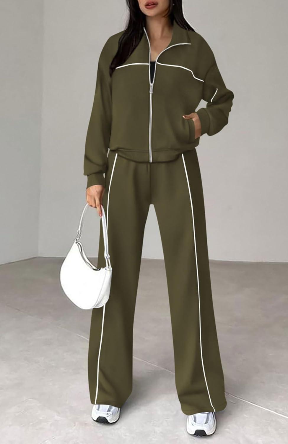 imageBTFBM Womens Two Piece Tracksuit Spring 2026 Long Sleeve Zip Up Sweatshirt Long Pants Outfits Jogger Sweatsuit SetsArmy Green