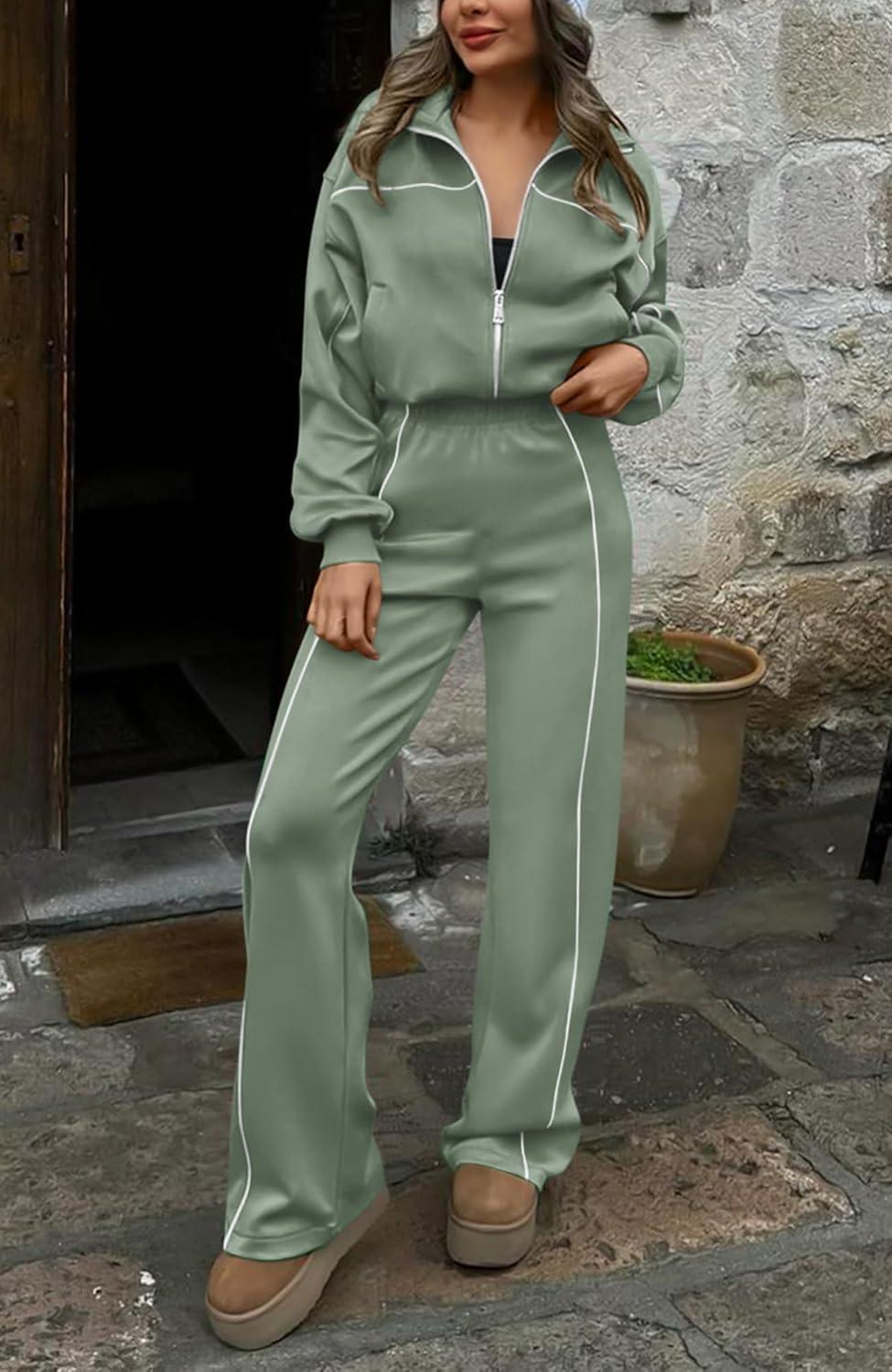 imageBTFBM Womens Two Piece Tracksuit Spring 2026 Long Sleeve Zip Up Sweatshirt Long Pants Outfits Jogger Sweatsuit SetsBean Green