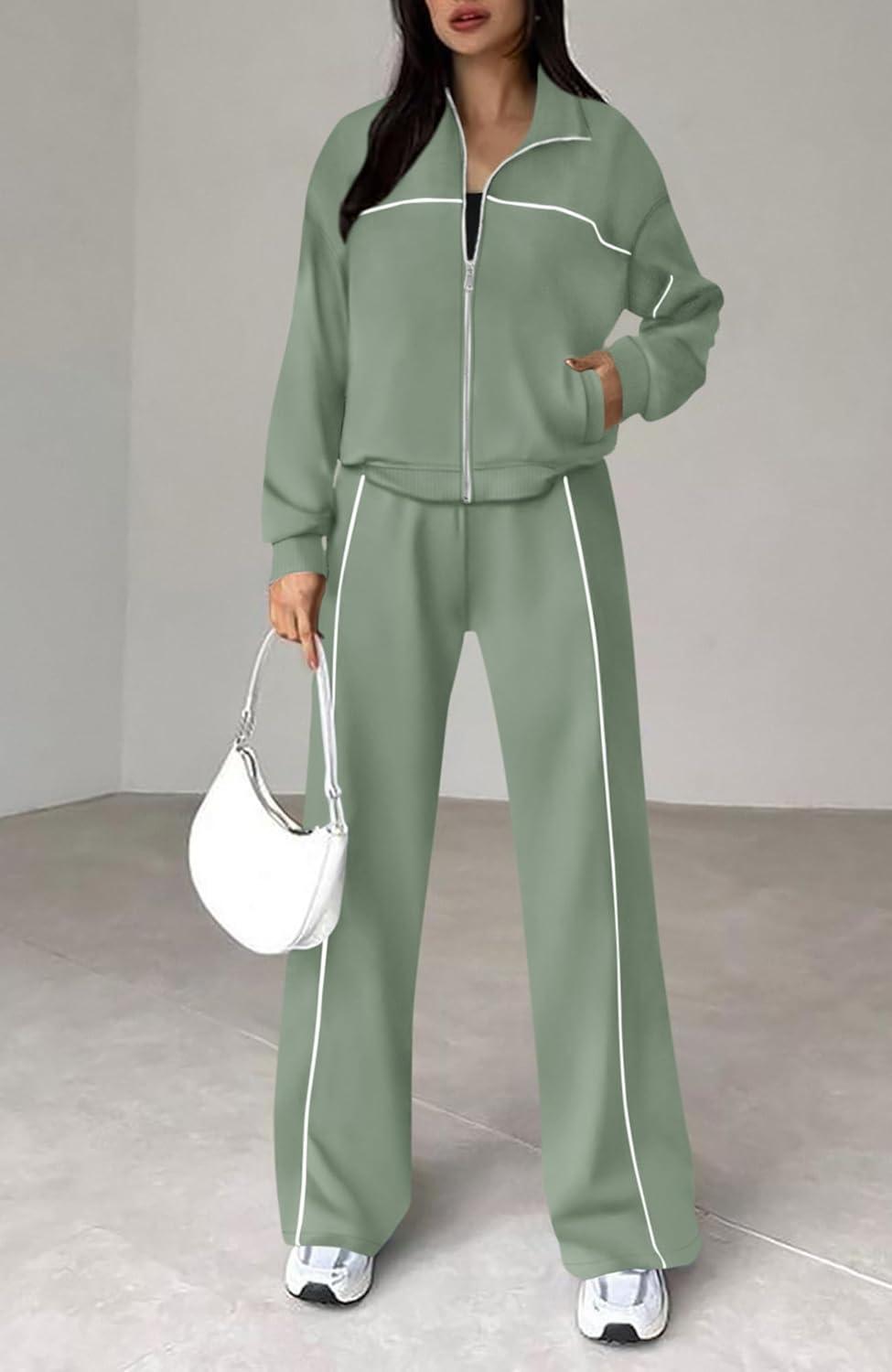 imageBTFBM Womens Two Piece Tracksuit Spring 2026 Long Sleeve Zip Up Sweatshirt Long Pants Outfits Jogger Sweatsuit SetsBean Green