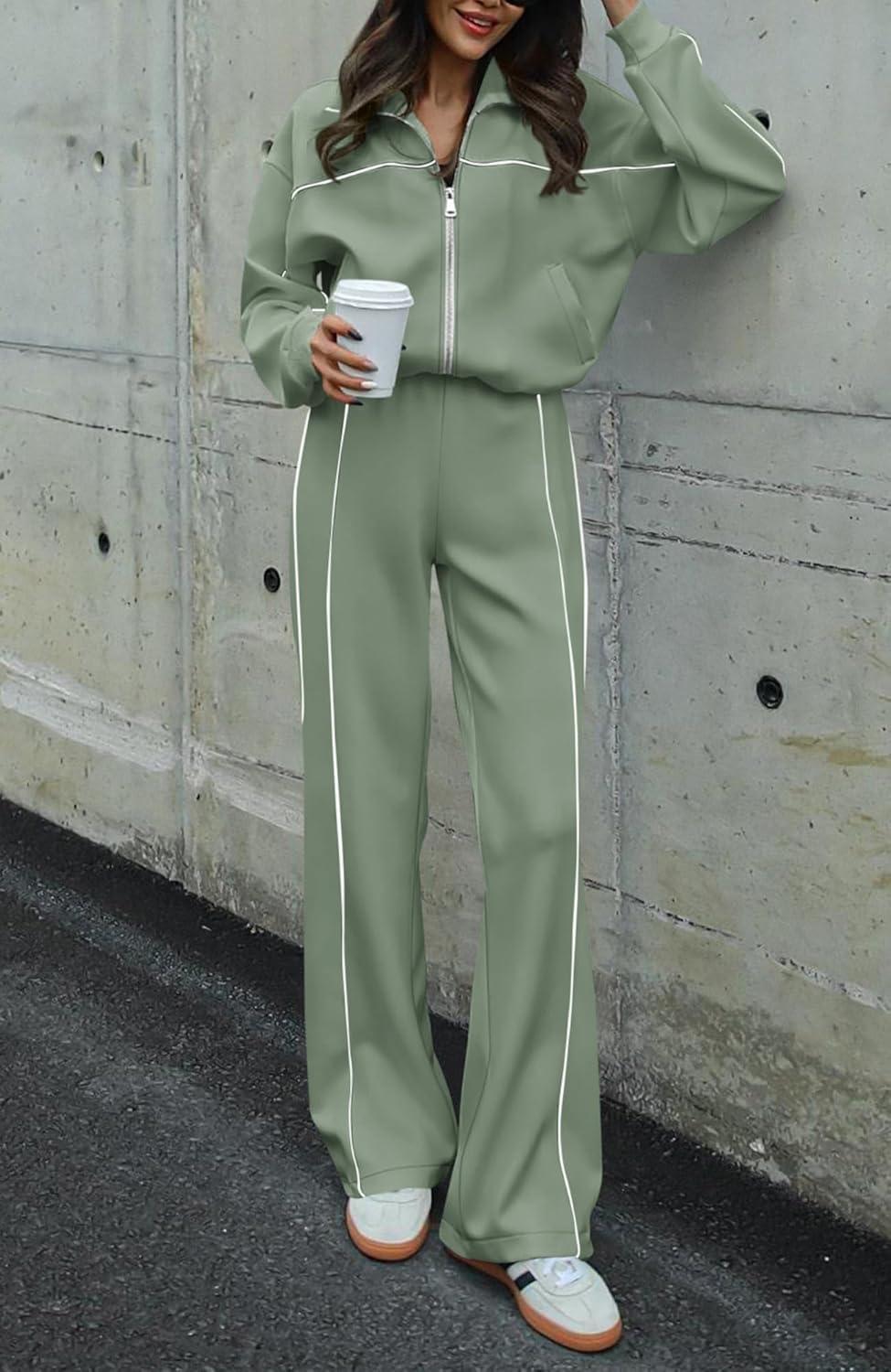 imageBTFBM Womens Two Piece Tracksuit Spring 2026 Long Sleeve Zip Up Sweatshirt Long Pants Outfits Jogger Sweatsuit SetsBean Green