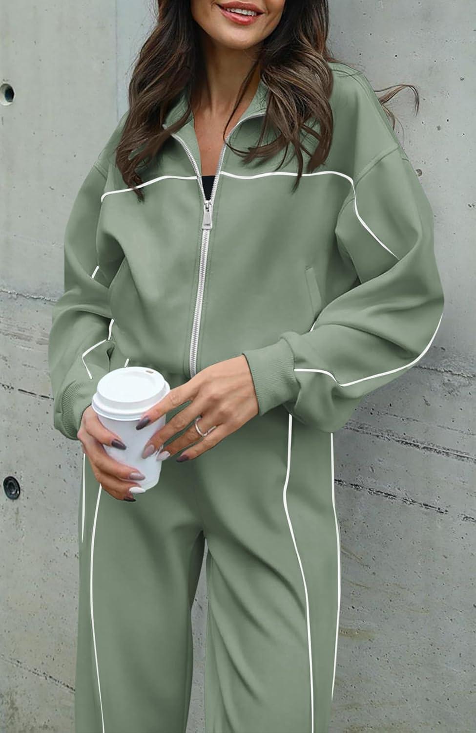 imageBTFBM Womens Two Piece Tracksuit Spring 2026 Long Sleeve Zip Up Sweatshirt Long Pants Outfits Jogger Sweatsuit SetsBean Green