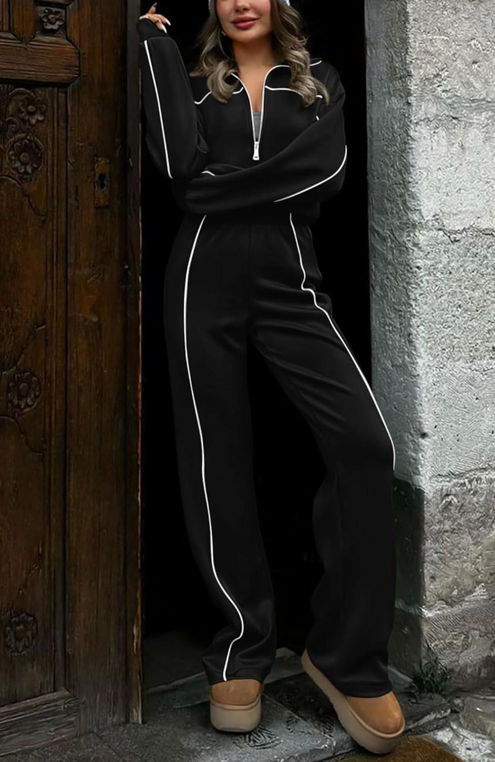 imageBTFBM Womens Two Piece Tracksuit Spring 2026 Long Sleeve Zip Up Sweatshirt Long Pants Outfits Jogger Sweatsuit SetsBlack