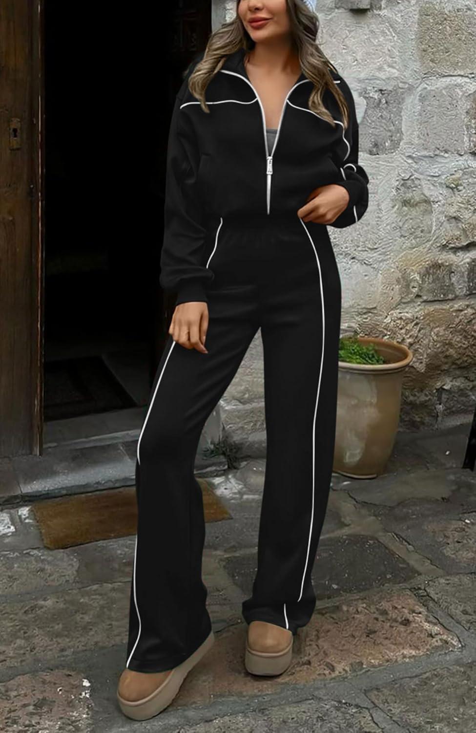 imageBTFBM Womens Two Piece Tracksuit Spring 2026 Long Sleeve Zip Up Sweatshirt Long Pants Outfits Jogger Sweatsuit SetsBlack