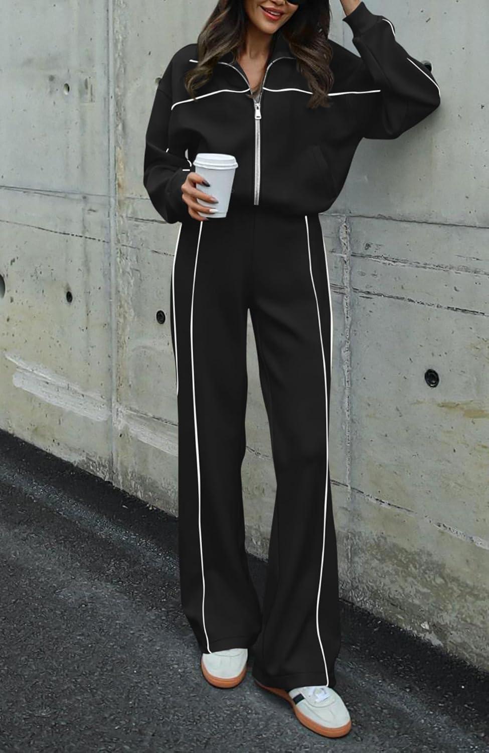 imageBTFBM Womens Two Piece Tracksuit Spring 2026 Long Sleeve Zip Up Sweatshirt Long Pants Outfits Jogger Sweatsuit SetsBlack