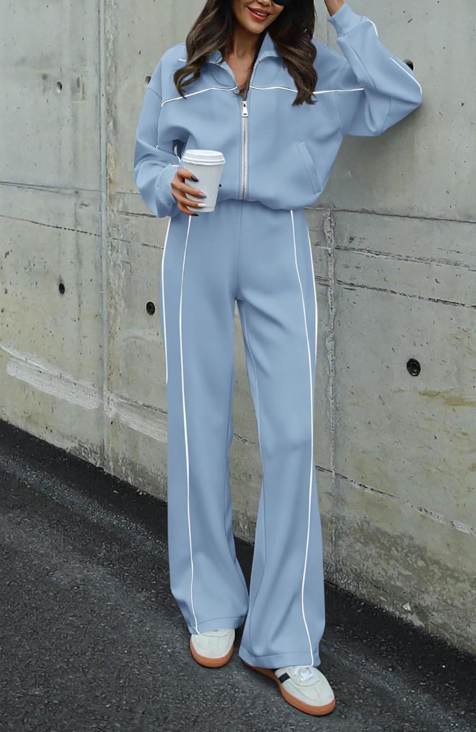 imageBTFBM Womens Two Piece Tracksuit Spring 2026 Long Sleeve Zip Up Sweatshirt Long Pants Outfits Jogger Sweatsuit SetsBlue