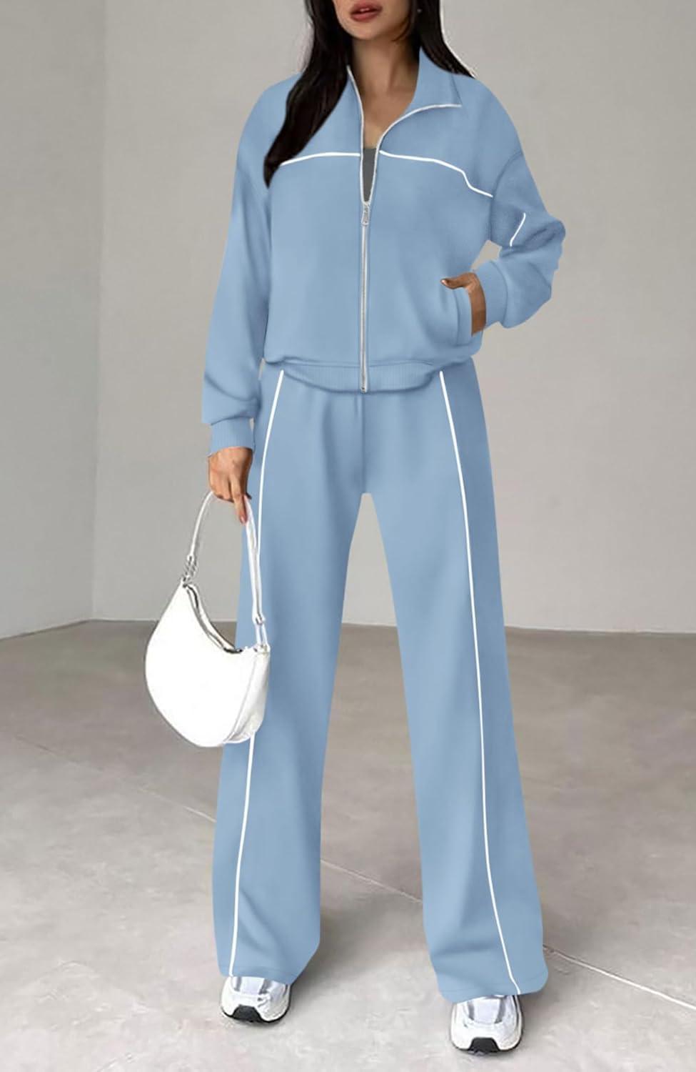 imageBTFBM Womens Two Piece Tracksuit Spring 2026 Long Sleeve Zip Up Sweatshirt Long Pants Outfits Jogger Sweatsuit SetsBlue