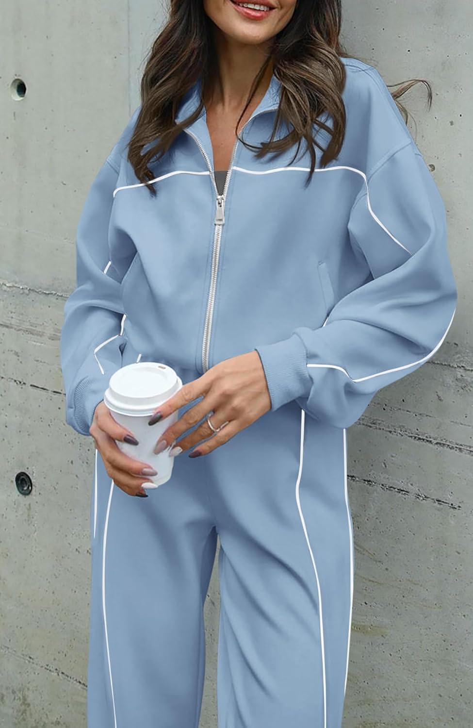 imageBTFBM Womens Two Piece Tracksuit Spring 2026 Long Sleeve Zip Up Sweatshirt Long Pants Outfits Jogger Sweatsuit SetsBlue