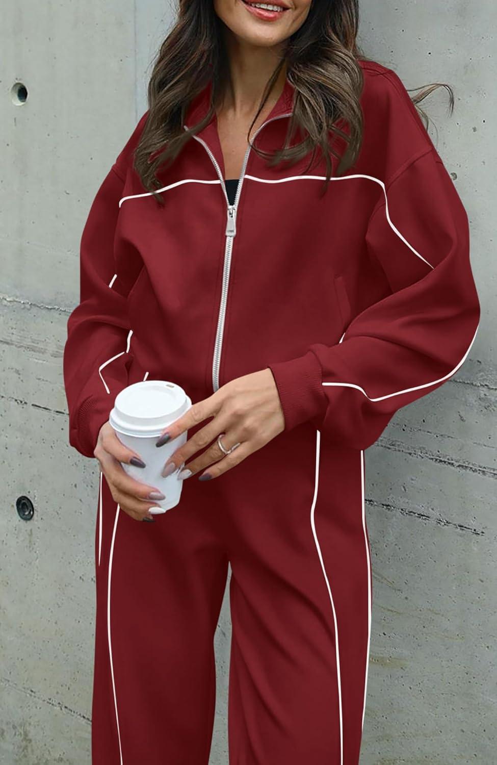 imageBTFBM Womens Two Piece Tracksuit Spring 2026 Long Sleeve Zip Up Sweatshirt Long Pants Outfits Jogger Sweatsuit SetsBrick Red