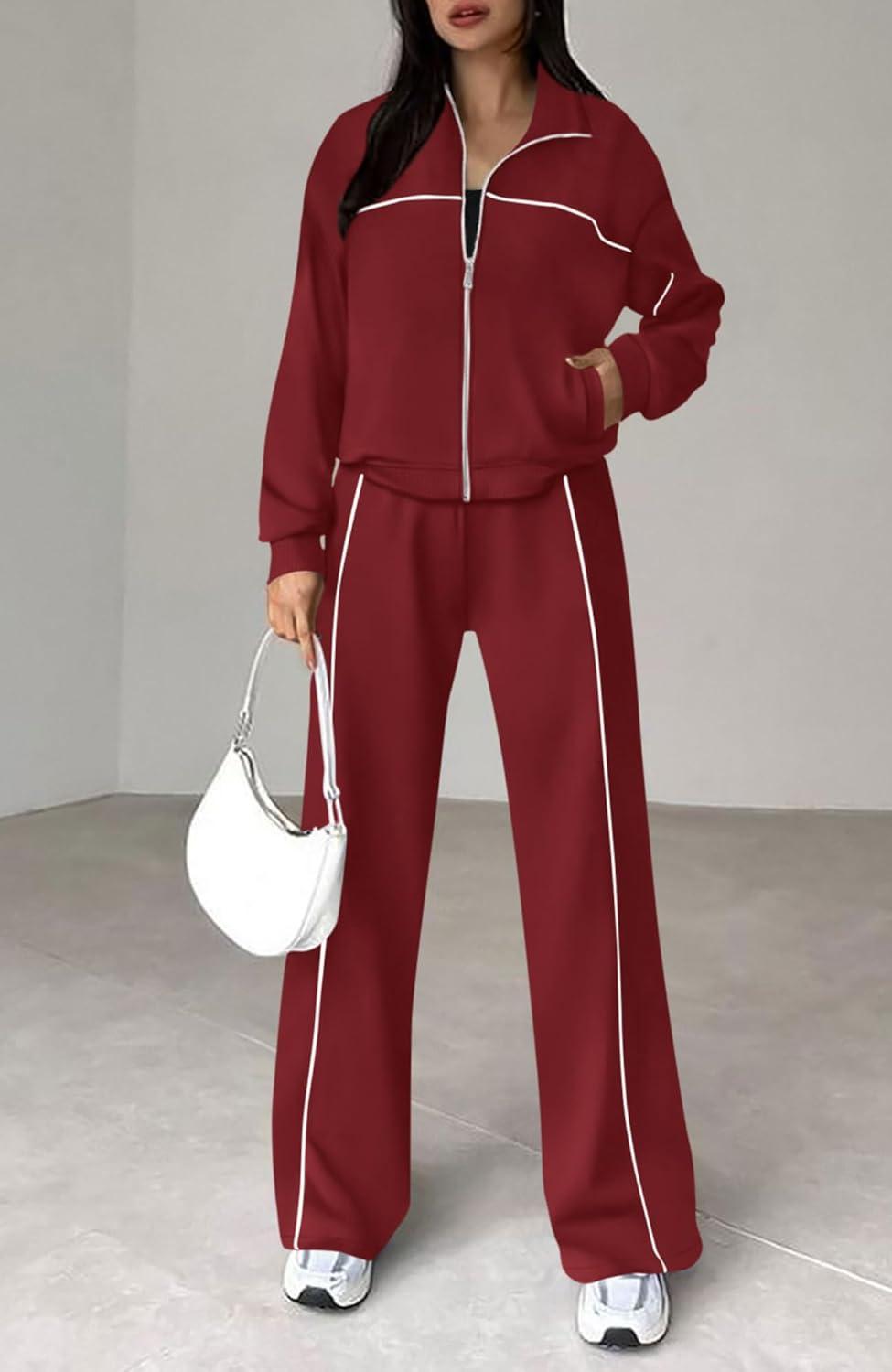 imageBTFBM Womens Two Piece Tracksuit Spring 2026 Long Sleeve Zip Up Sweatshirt Long Pants Outfits Jogger Sweatsuit SetsBrick Red