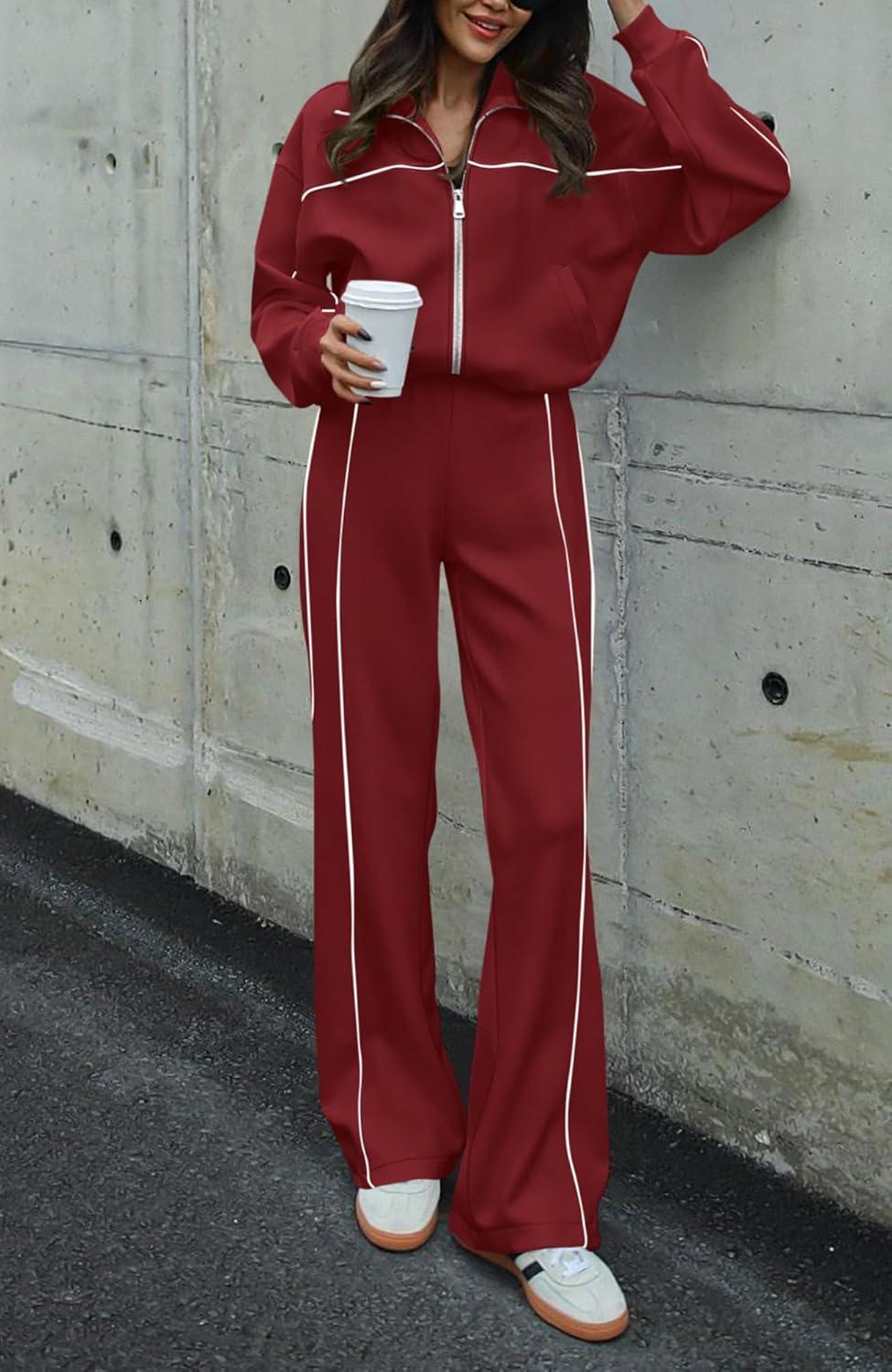 imageBTFBM Womens Two Piece Tracksuit Spring 2026 Long Sleeve Zip Up Sweatshirt Long Pants Outfits Jogger Sweatsuit SetsBrick Red