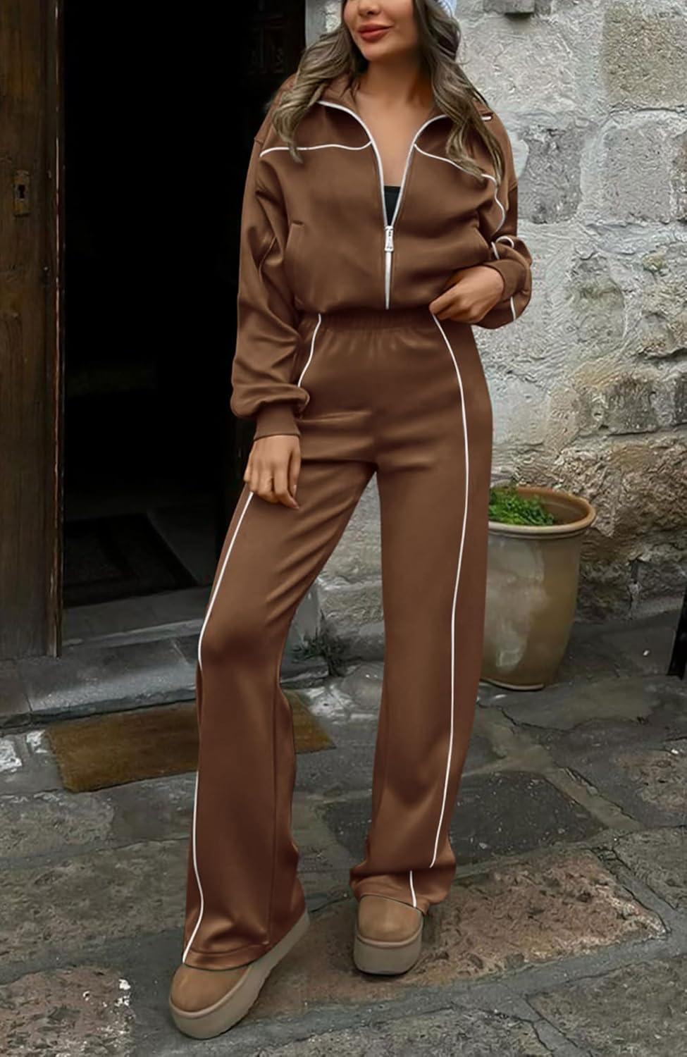 imageBTFBM Womens Two Piece Tracksuit Spring 2026 Long Sleeve Zip Up Sweatshirt Long Pants Outfits Jogger Sweatsuit SetsBrown