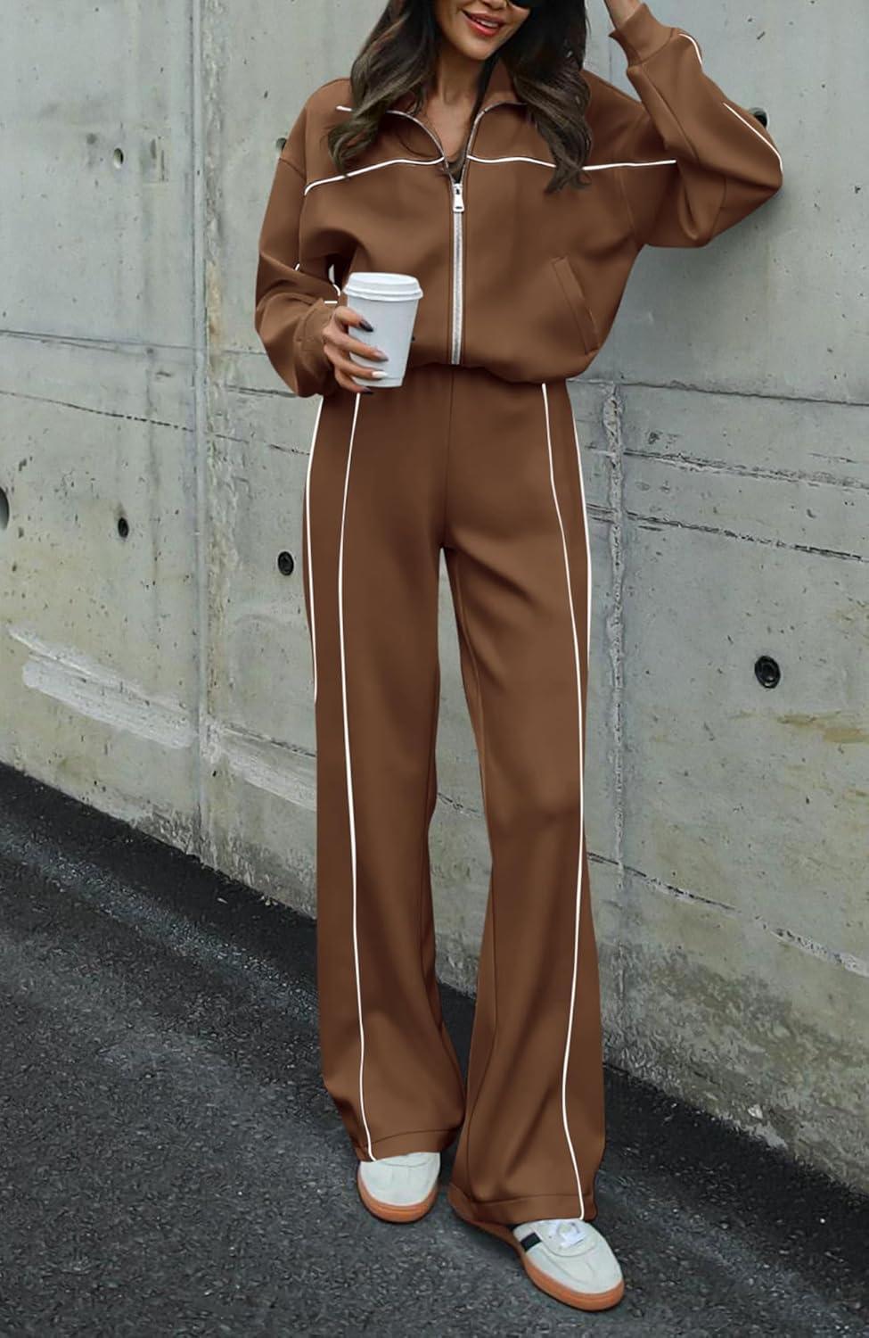 imageBTFBM Womens Two Piece Tracksuit Spring 2026 Long Sleeve Zip Up Sweatshirt Long Pants Outfits Jogger Sweatsuit SetsBrown