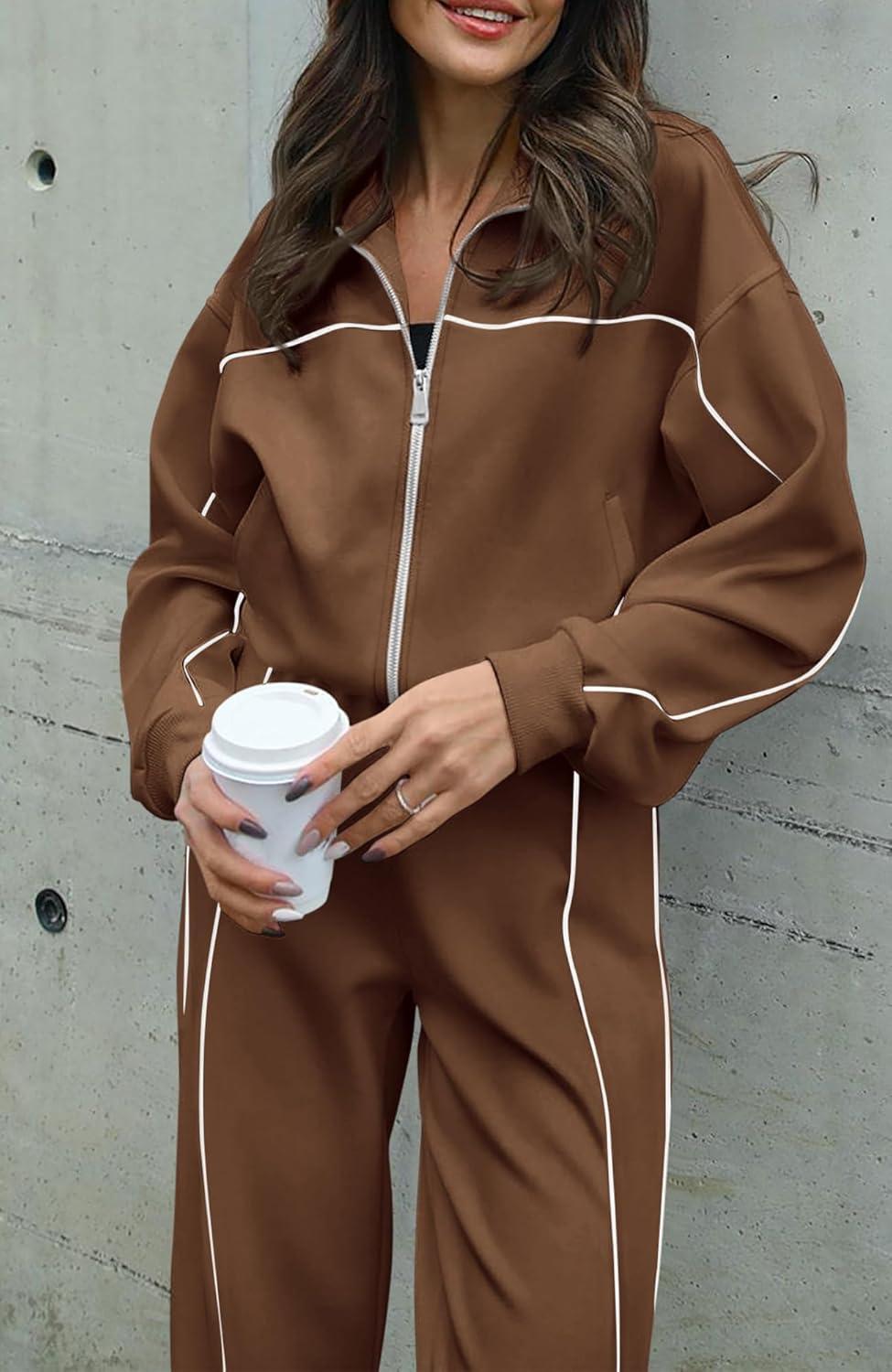 imageBTFBM Womens Two Piece Tracksuit Spring 2026 Long Sleeve Zip Up Sweatshirt Long Pants Outfits Jogger Sweatsuit SetsBrown