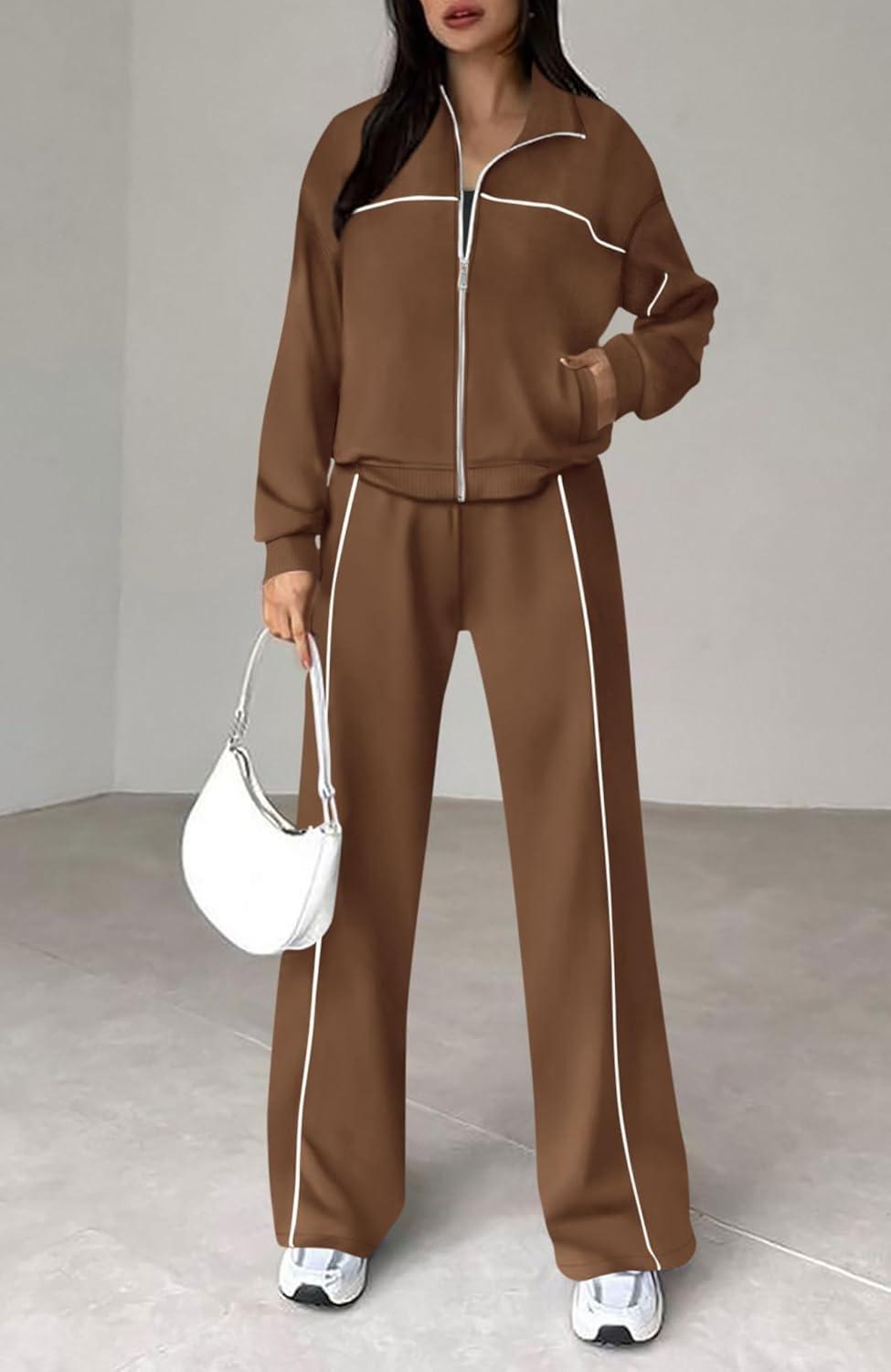 imageBTFBM Womens Two Piece Tracksuit Spring 2026 Long Sleeve Zip Up Sweatshirt Long Pants Outfits Jogger Sweatsuit SetsBrown