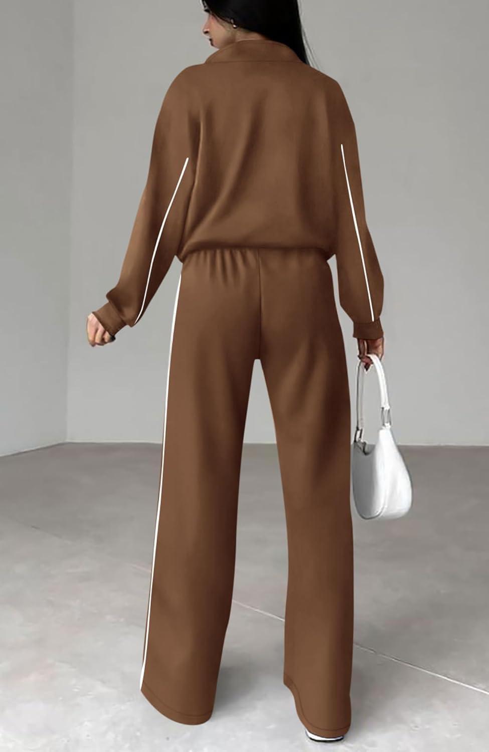 imageBTFBM Womens Two Piece Tracksuit Spring 2026 Long Sleeve Zip Up Sweatshirt Long Pants Outfits Jogger Sweatsuit SetsBrown