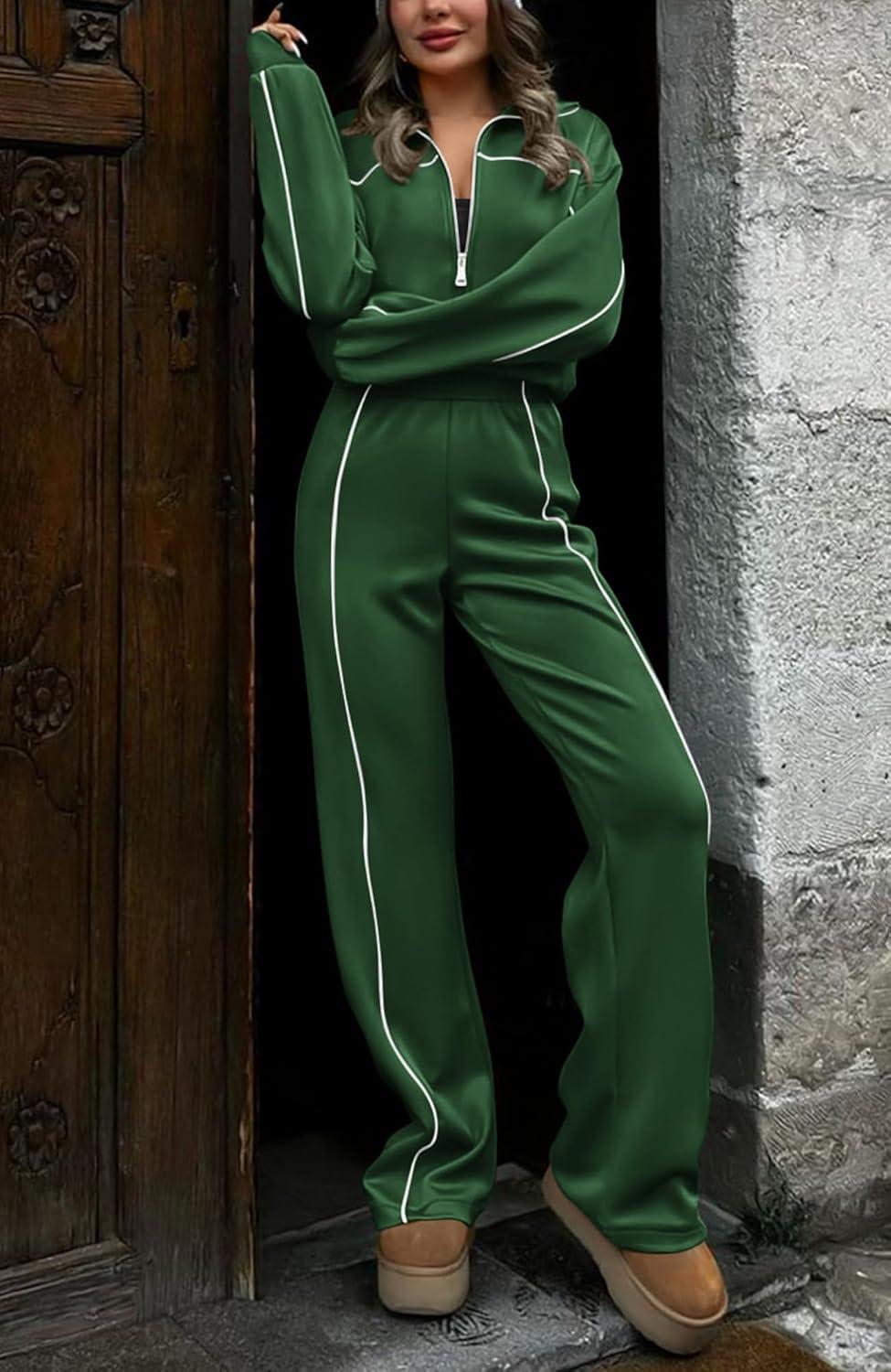 imageBTFBM Womens Two Piece Tracksuit Spring 2026 Long Sleeve Zip Up Sweatshirt Long Pants Outfits Jogger Sweatsuit SetsDark Green