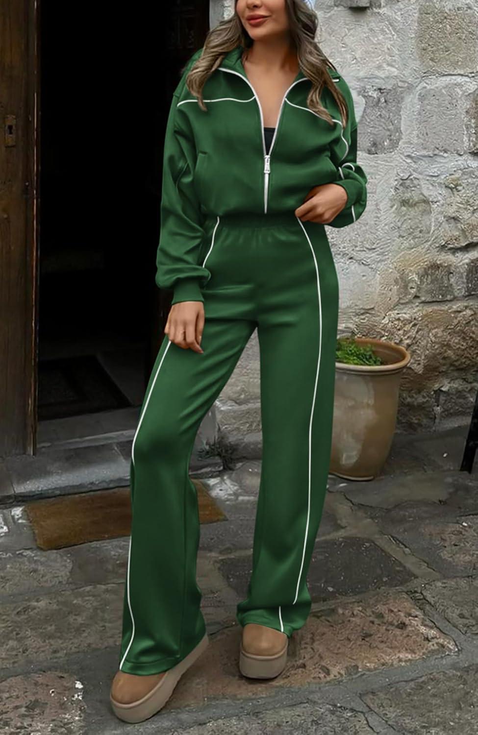 imageBTFBM Womens Two Piece Tracksuit Spring 2026 Long Sleeve Zip Up Sweatshirt Long Pants Outfits Jogger Sweatsuit SetsDark Green