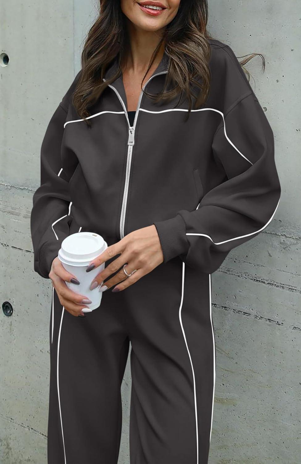 imageBTFBM Womens Two Piece Tracksuit Spring 2026 Long Sleeve Zip Up Sweatshirt Long Pants Outfits Jogger Sweatsuit SetsDark Grey