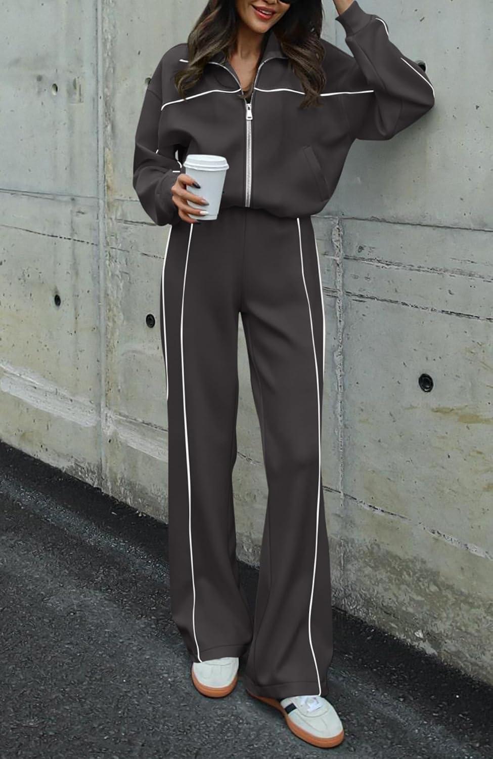 imageBTFBM Womens Two Piece Tracksuit Spring 2026 Long Sleeve Zip Up Sweatshirt Long Pants Outfits Jogger Sweatsuit SetsDark Grey