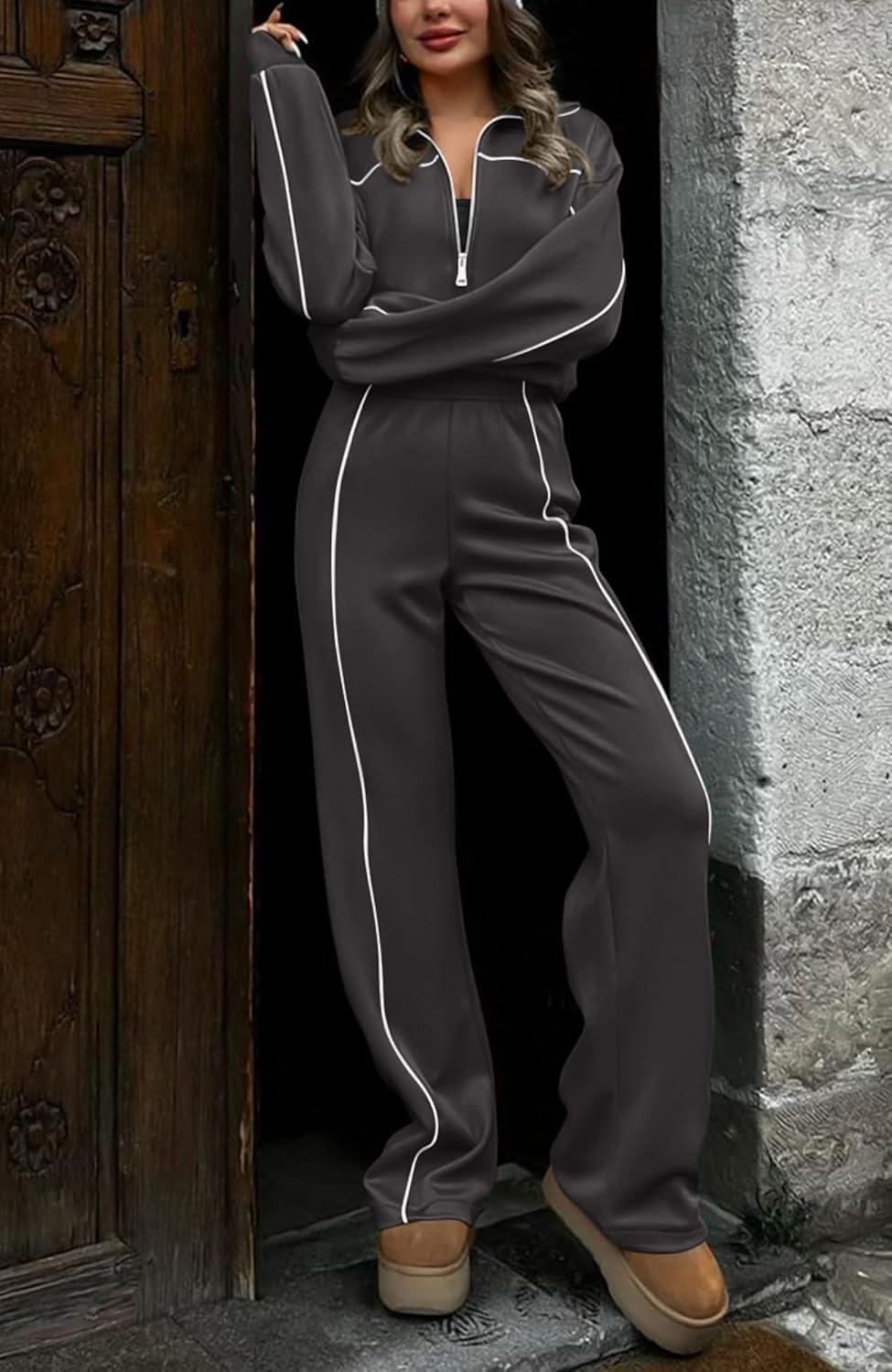 imageBTFBM Womens Two Piece Tracksuit Spring 2026 Long Sleeve Zip Up Sweatshirt Long Pants Outfits Jogger Sweatsuit SetsDark Grey