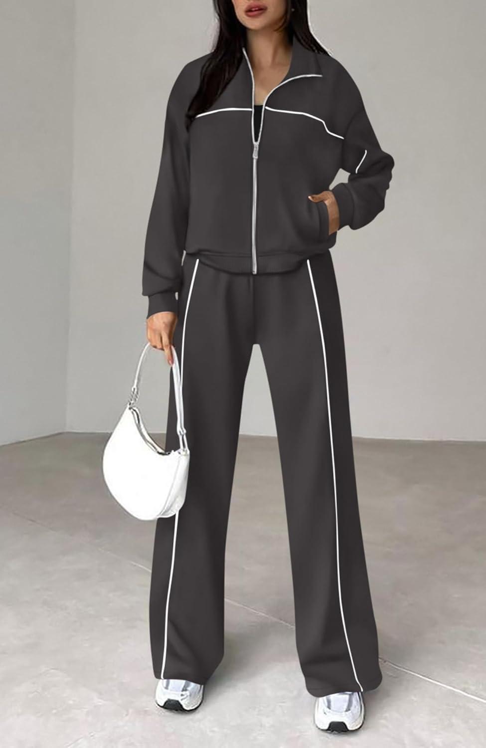 imageBTFBM Womens Two Piece Tracksuit Spring 2026 Long Sleeve Zip Up Sweatshirt Long Pants Outfits Jogger Sweatsuit SetsDark Grey