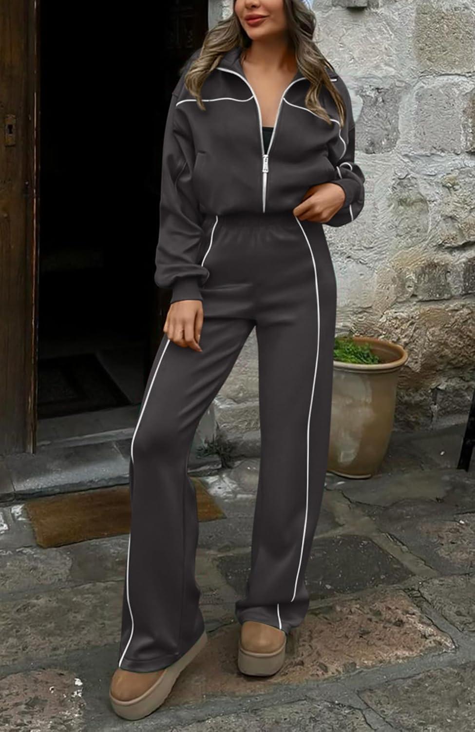imageBTFBM Womens Two Piece Tracksuit Spring 2026 Long Sleeve Zip Up Sweatshirt Long Pants Outfits Jogger Sweatsuit SetsDark Grey