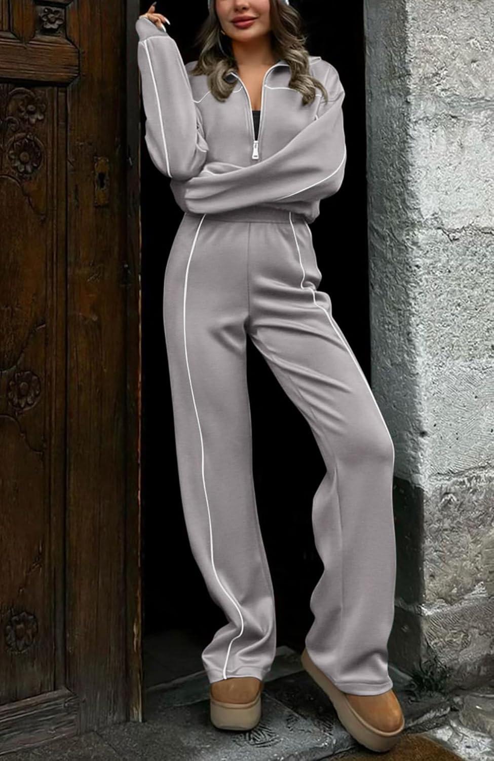 imageBTFBM Womens Two Piece Tracksuit Spring 2026 Long Sleeve Zip Up Sweatshirt Long Pants Outfits Jogger Sweatsuit SetsGrey
